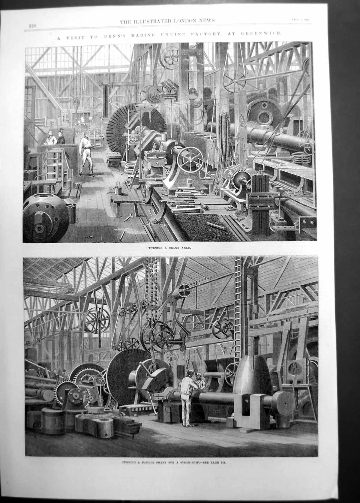 Original Old Antique Print Penns Marine Engine Factory Greenwich Turning 1865