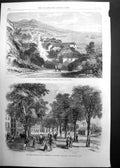 Original Old Antique Print Basseterre Guadeloupe Town Public Promenade 1865