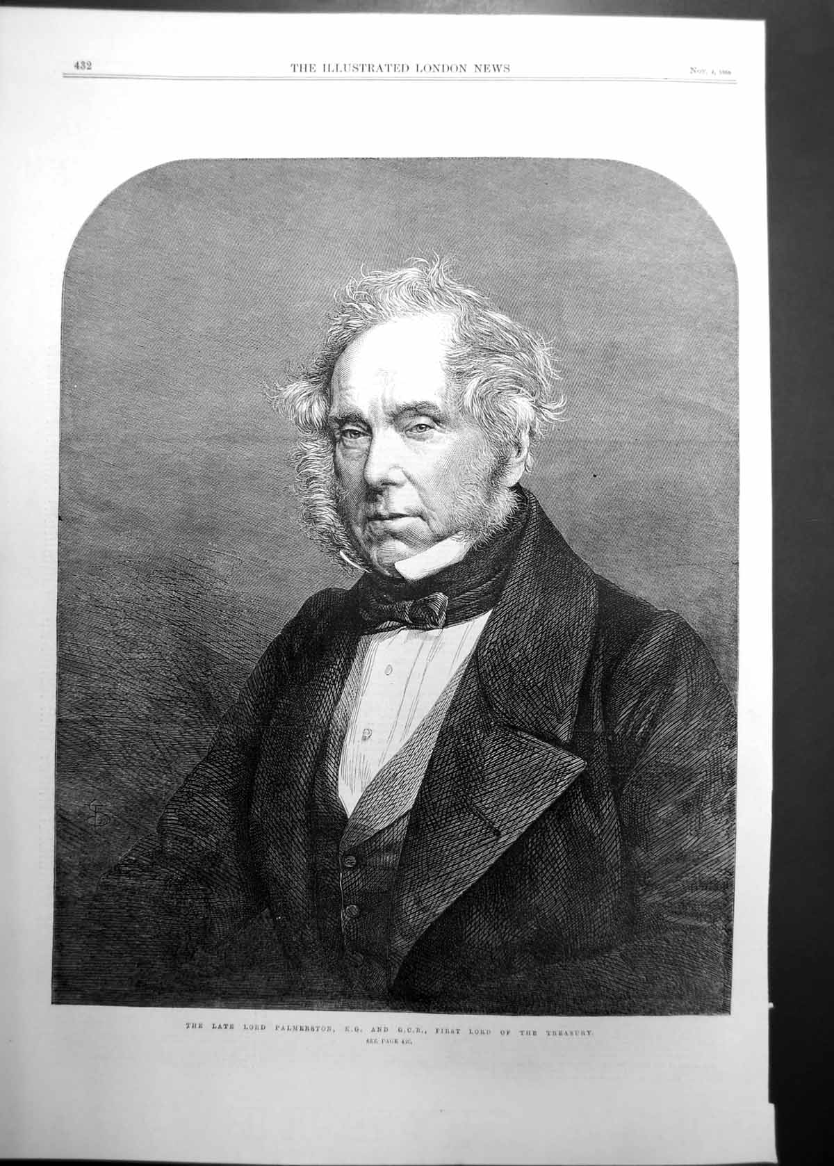 Original Old Antique Print Lord Palmerston Kg Gcb First Lord Treasury 1865 19th