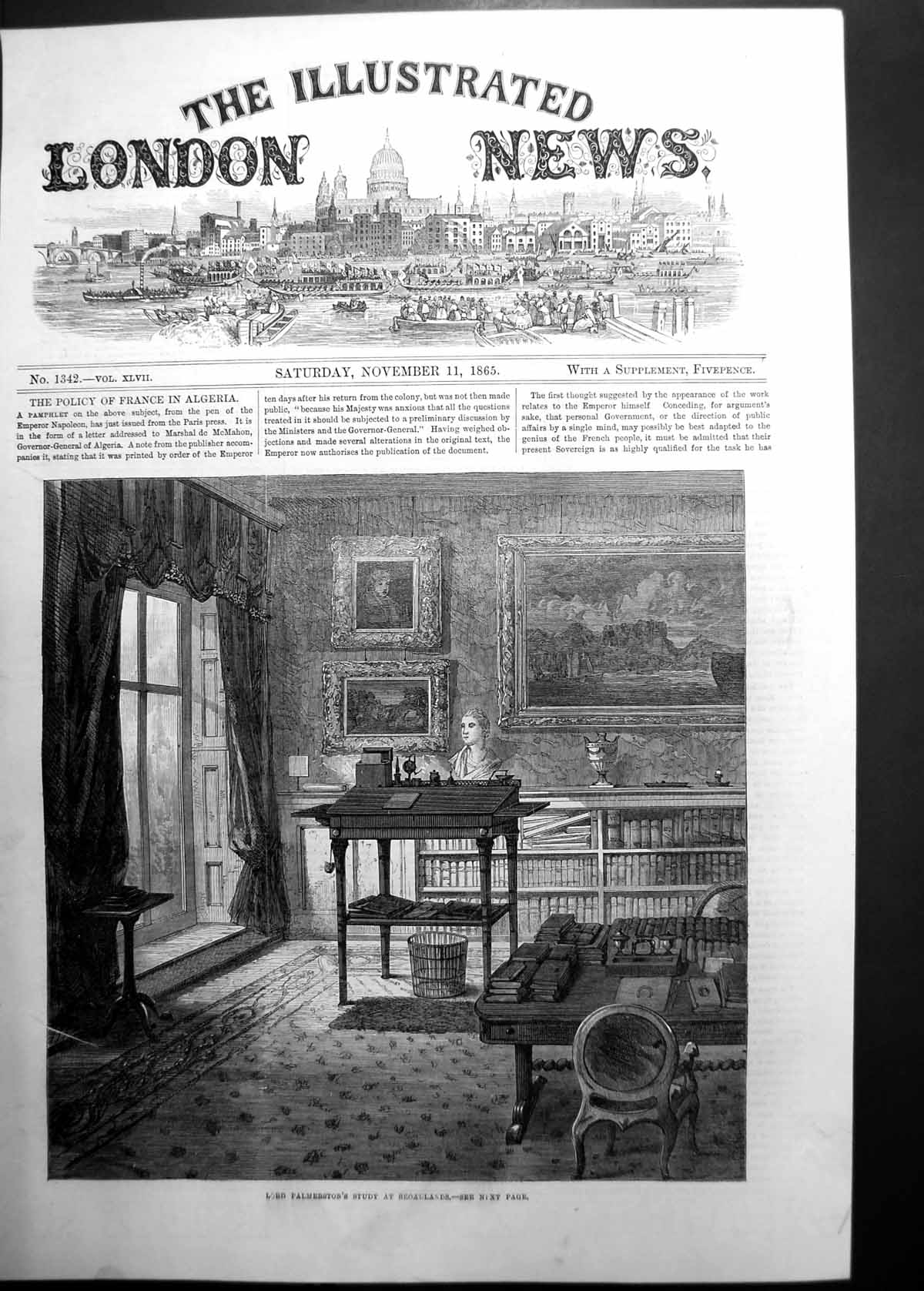 Original Old Antique Print Lord Palmerstons Study At Broadlands 1865 Victorian