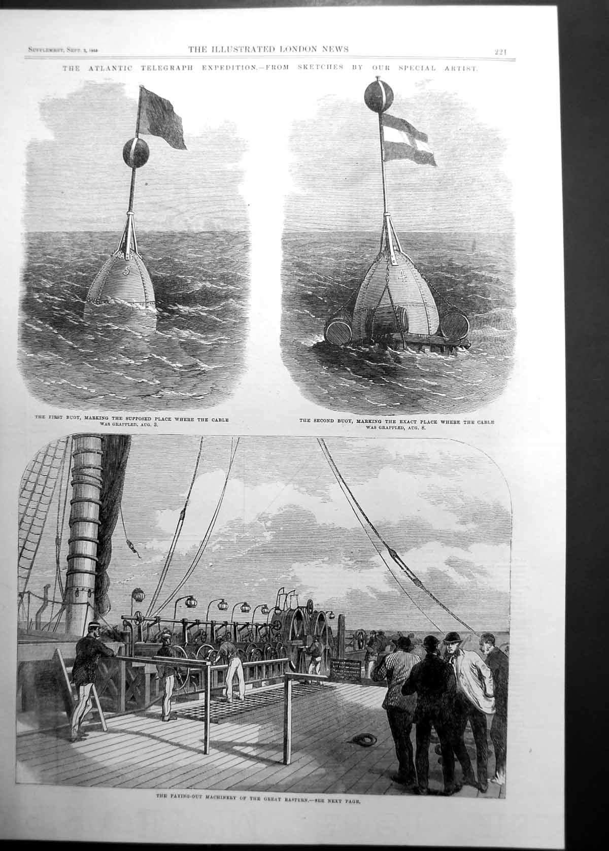Original Old Antique Print Atlantic Telegraph Expedition Marking Buoys 1865