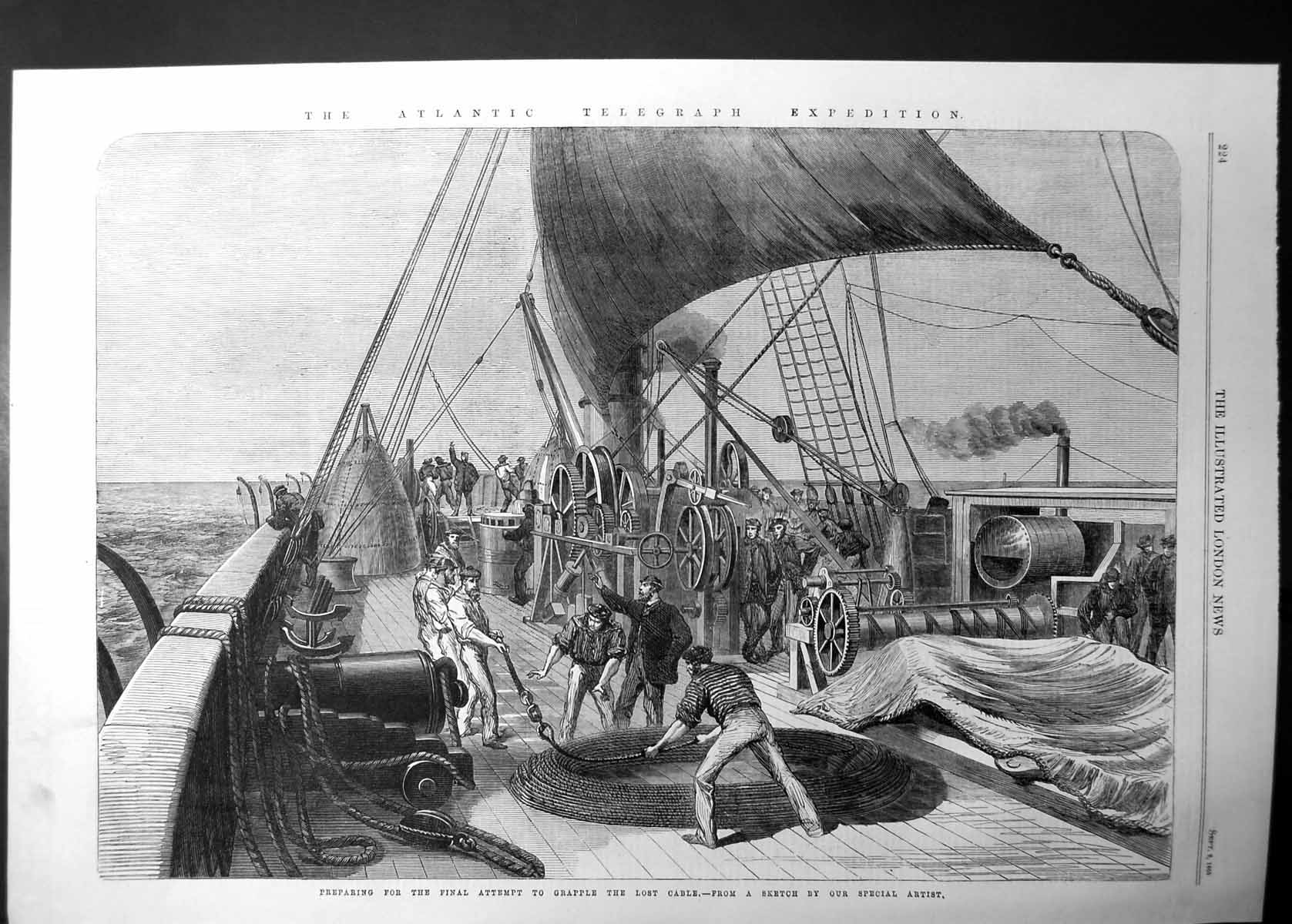 Old Antique Print Atlantic Telegraph Expedition Grapple Lost Cable 1865 19th