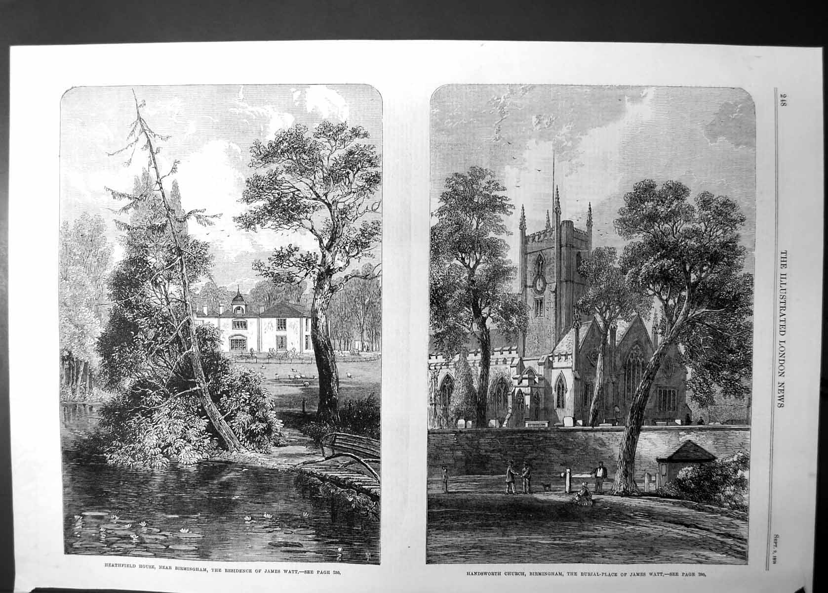 Antique Old Print James Watts Heathfield House Buried Handsworth Churc 1865