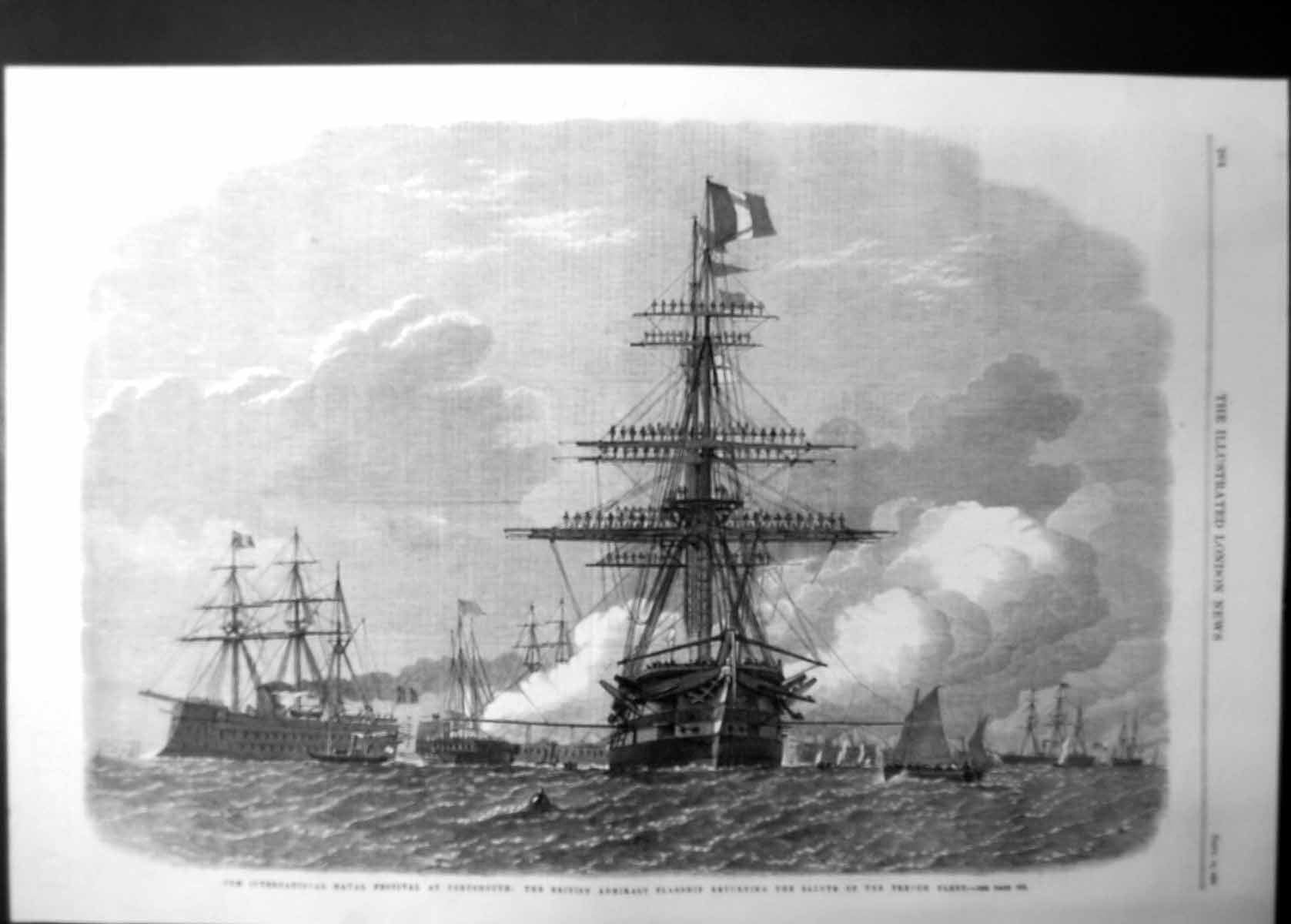 Antique Old Print International Naval Festival Portsmouth Admirals Ship 1865