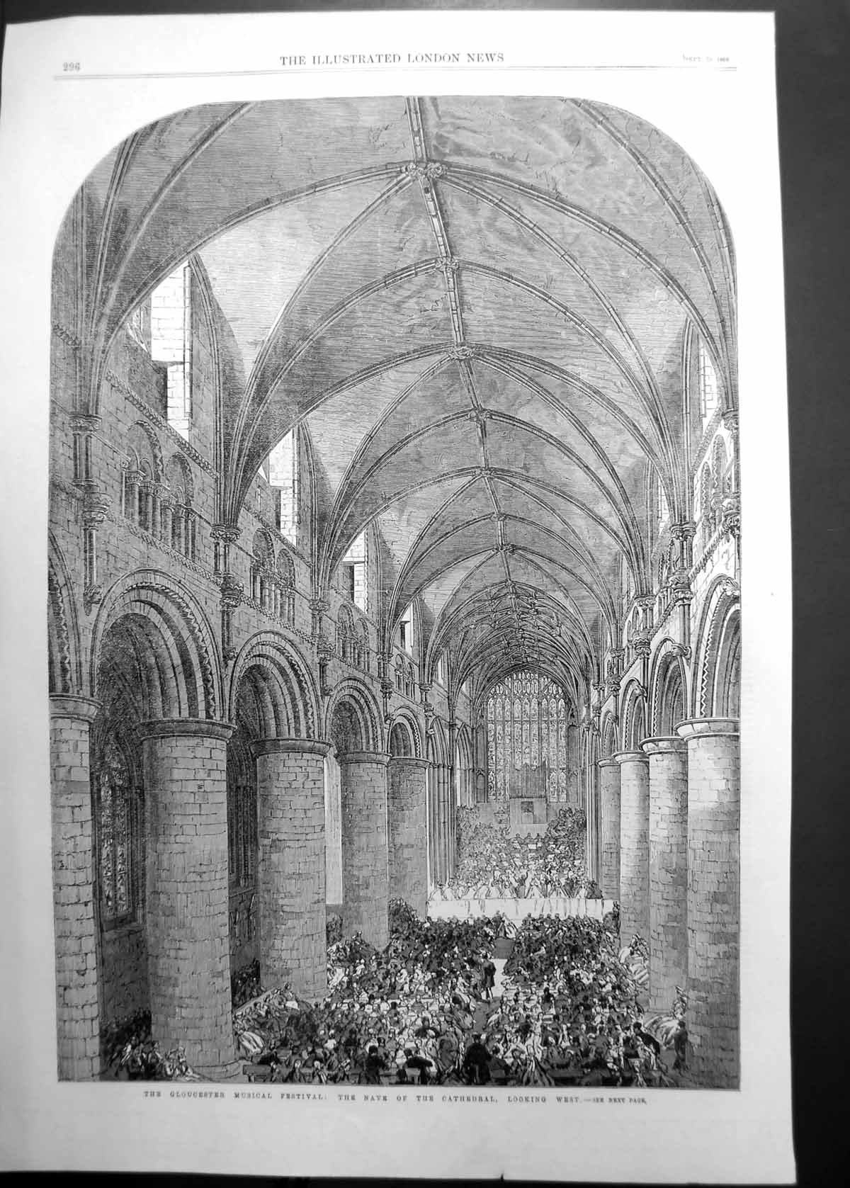 Original Old Antique Print Glouchester Music Festival Nave Cadral 1865 19th