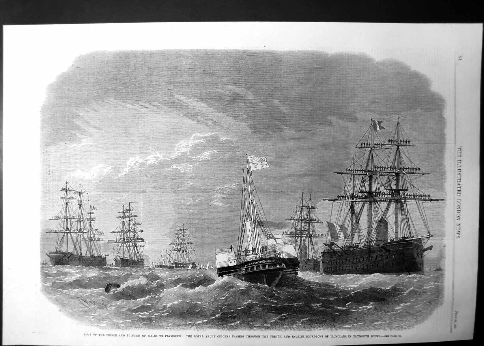 Antique Old Print Royal Yacht Osborne Passing Ironclads Plymouth Sound 1865