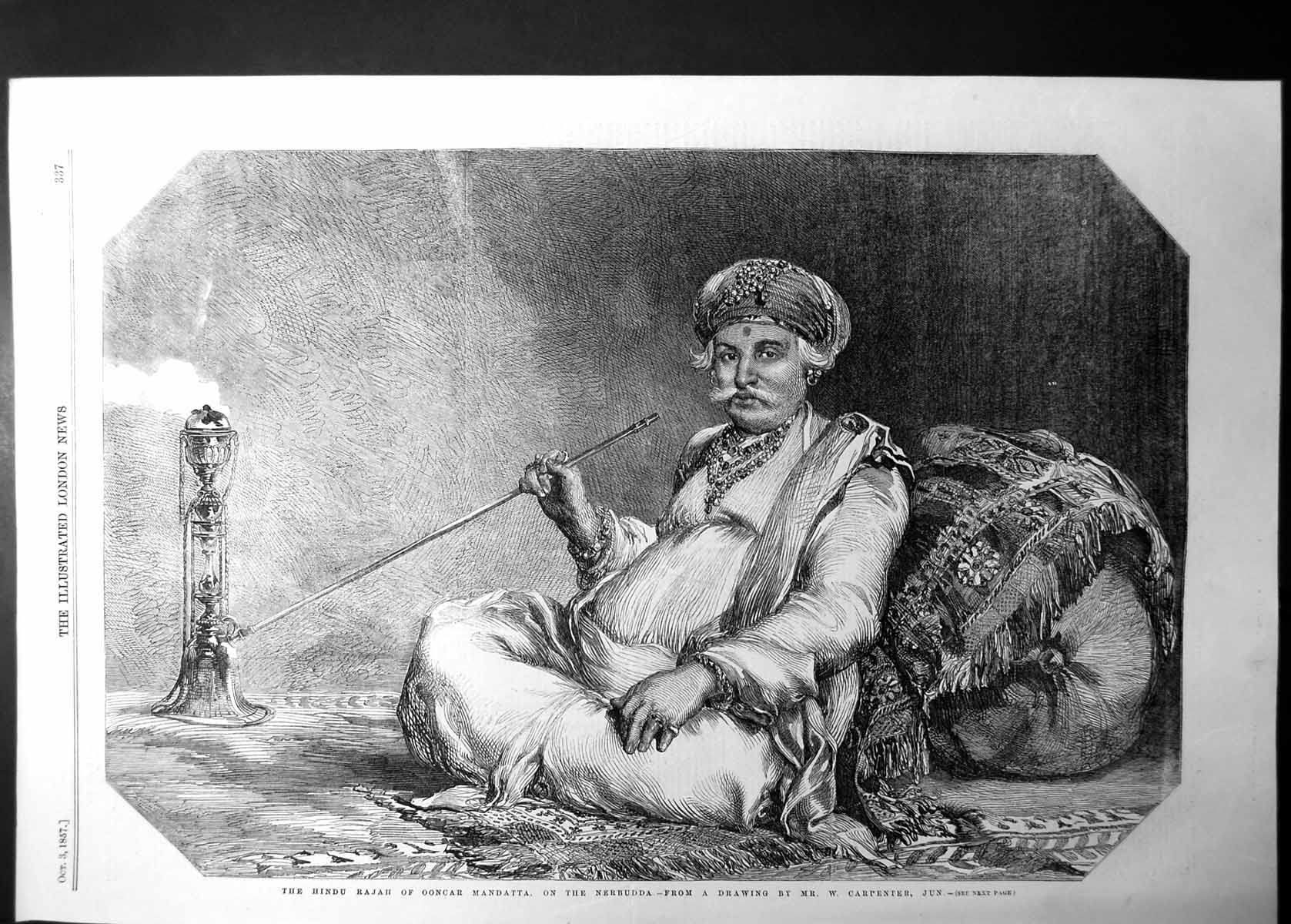 Antique Old Print Hindu Rajah Ooncar Mandatta On Nerbudda W Carpenter 1857 19th