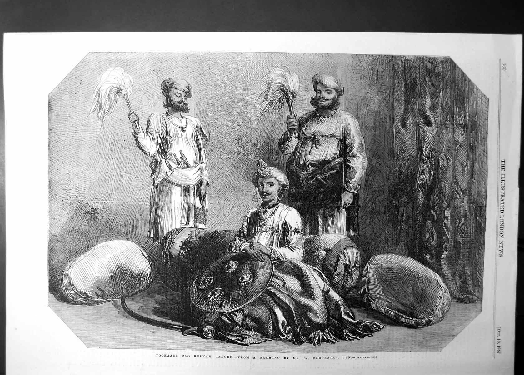 Original Old Antique Print Tookajee Rao Holkar Drawing W Carpenter Jun 1857