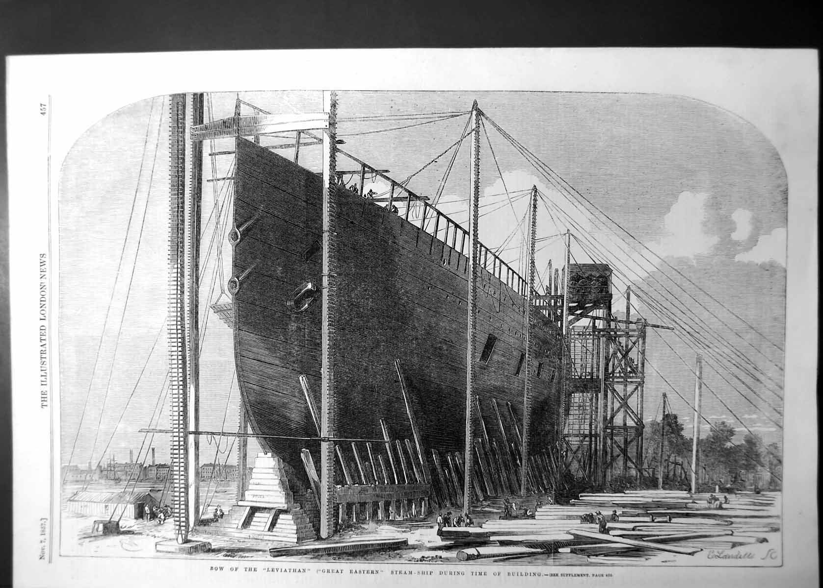 Original Old Antique Print Building Bow Leviathan Great Eastern Steanship 1857