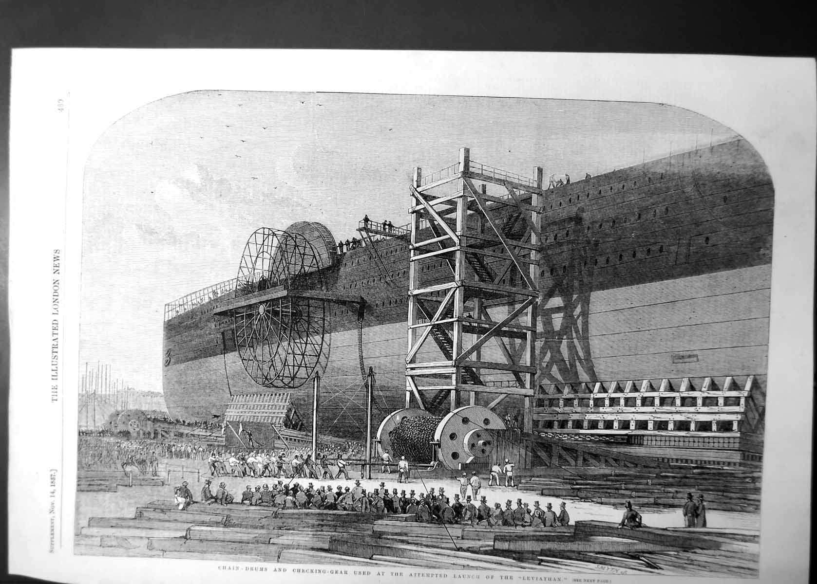 Antique Old Print Attempted Launch Leviathan Chain Drums Checking Gear 1857