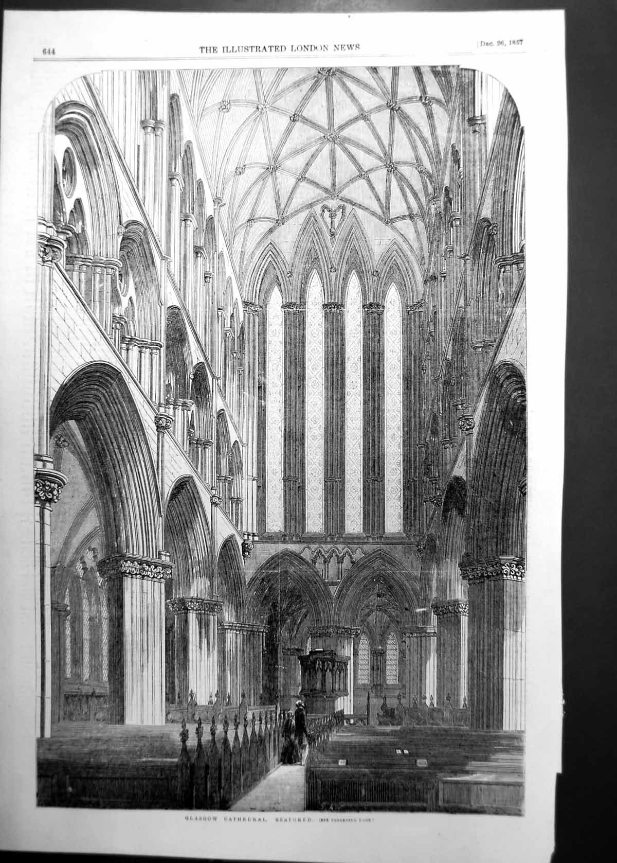 Original Old Antique Print Inerior Glasgow Cadral Restored 1857 19th