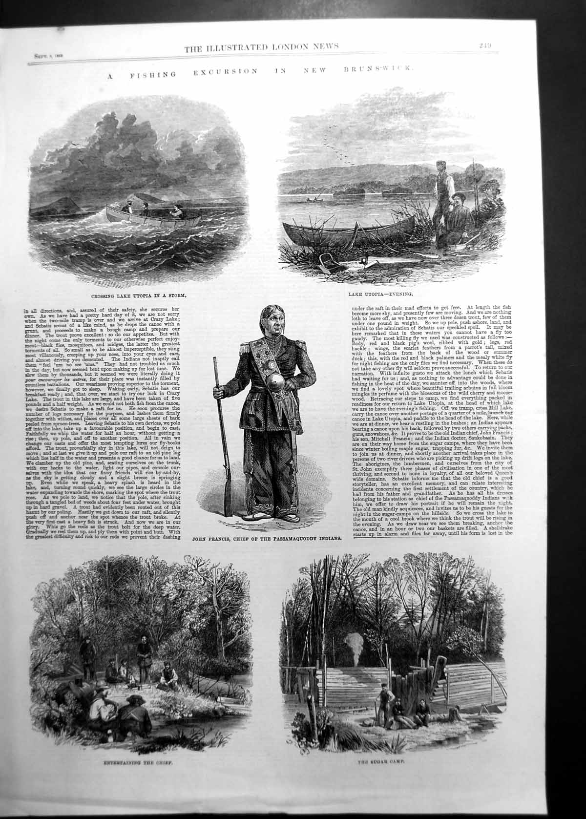 Original Old Antique Print Fishing Excursion New Brunswick Lake Utopia 1863