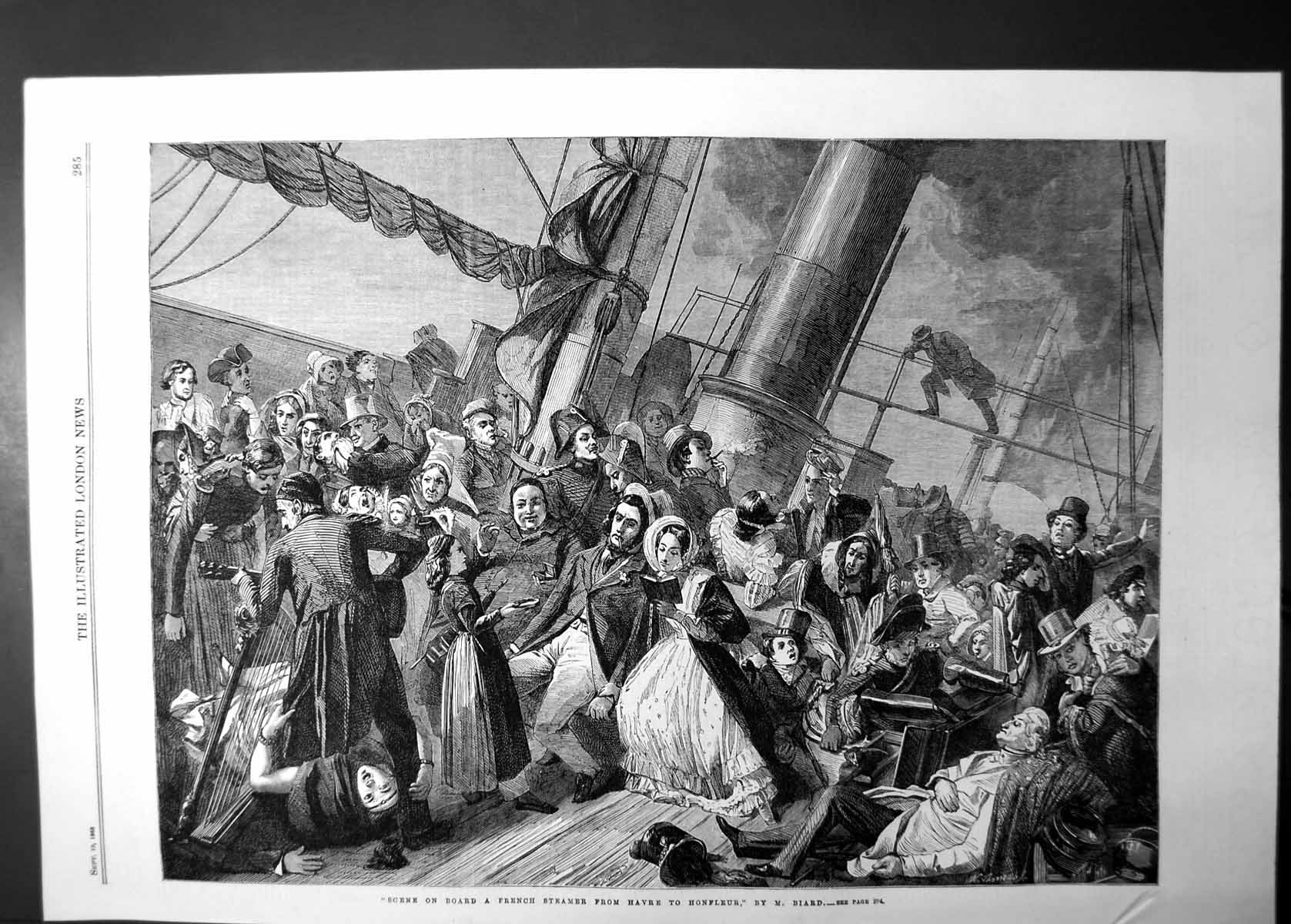 Original Old Antique Print Scene Onboard Steamer Havreto Honfleur M Biard 1863