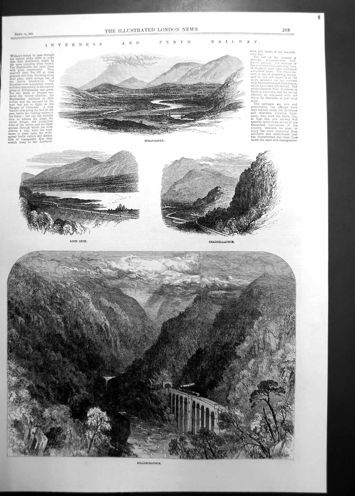 Old Antique Print Inverness Perth Railway Strathspey Killiecrankie 1863 19th