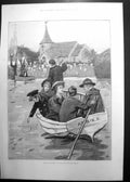 Original Old Antique Print Going To Church By Boat During Floods 1895 Victorian
