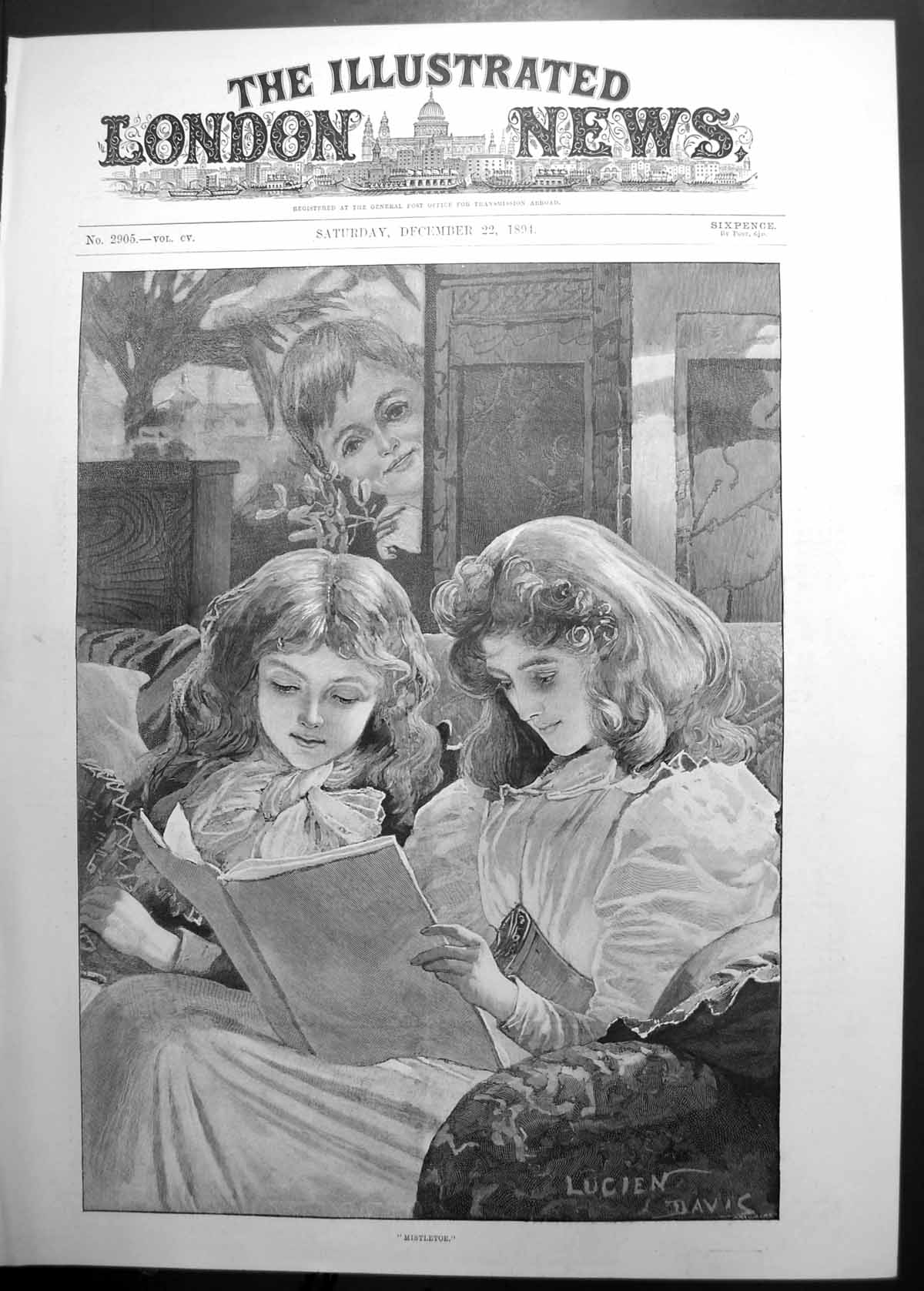 Original Old Antique Print Mistletoe Lucien Davis Children Christmas Scene 1894