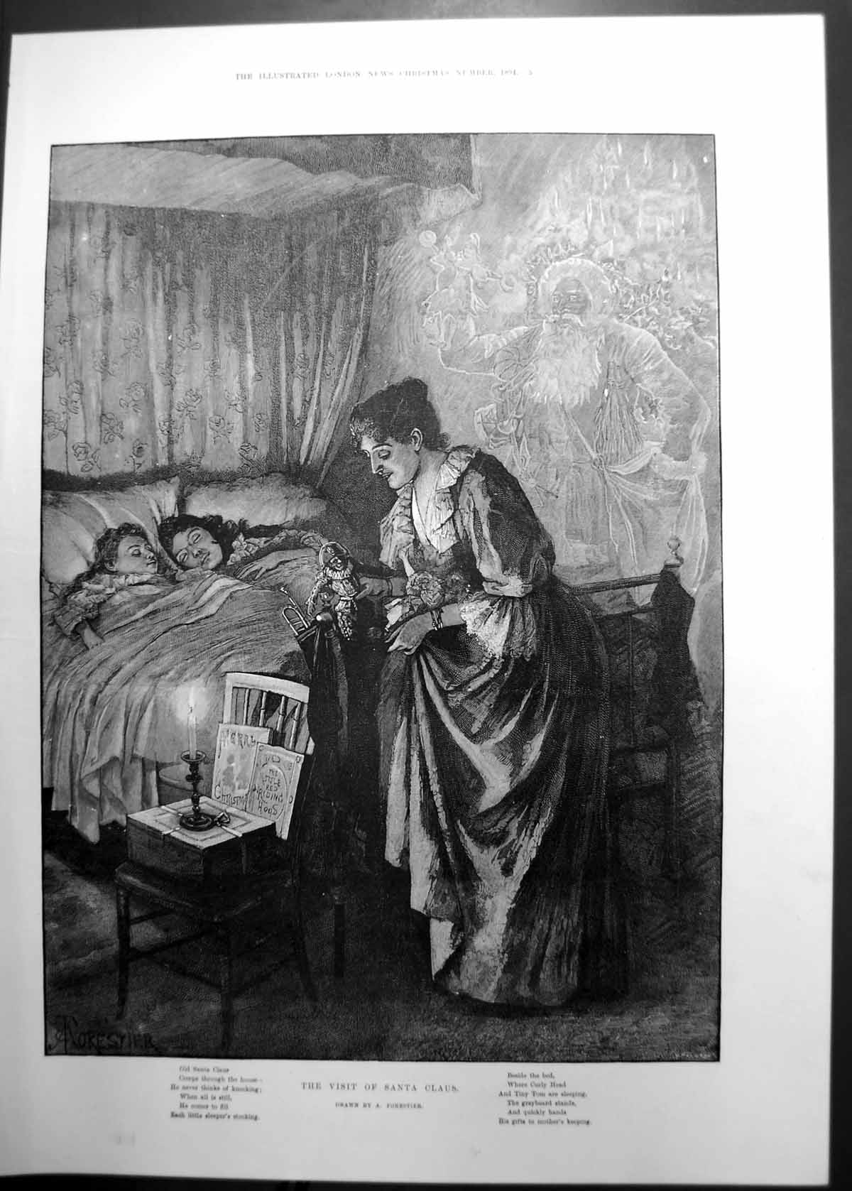 Original Old Antique Print Visit Santa Claus A Forestier 1894 19th