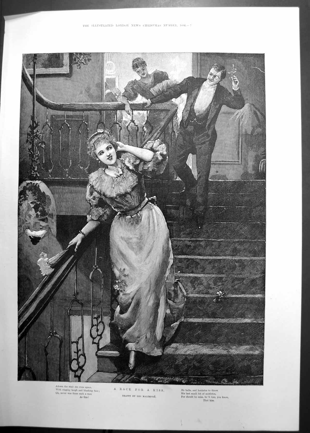 Original Old Antique Print A Race For A Kiss Leo Malempre Girl On Stairs 1894