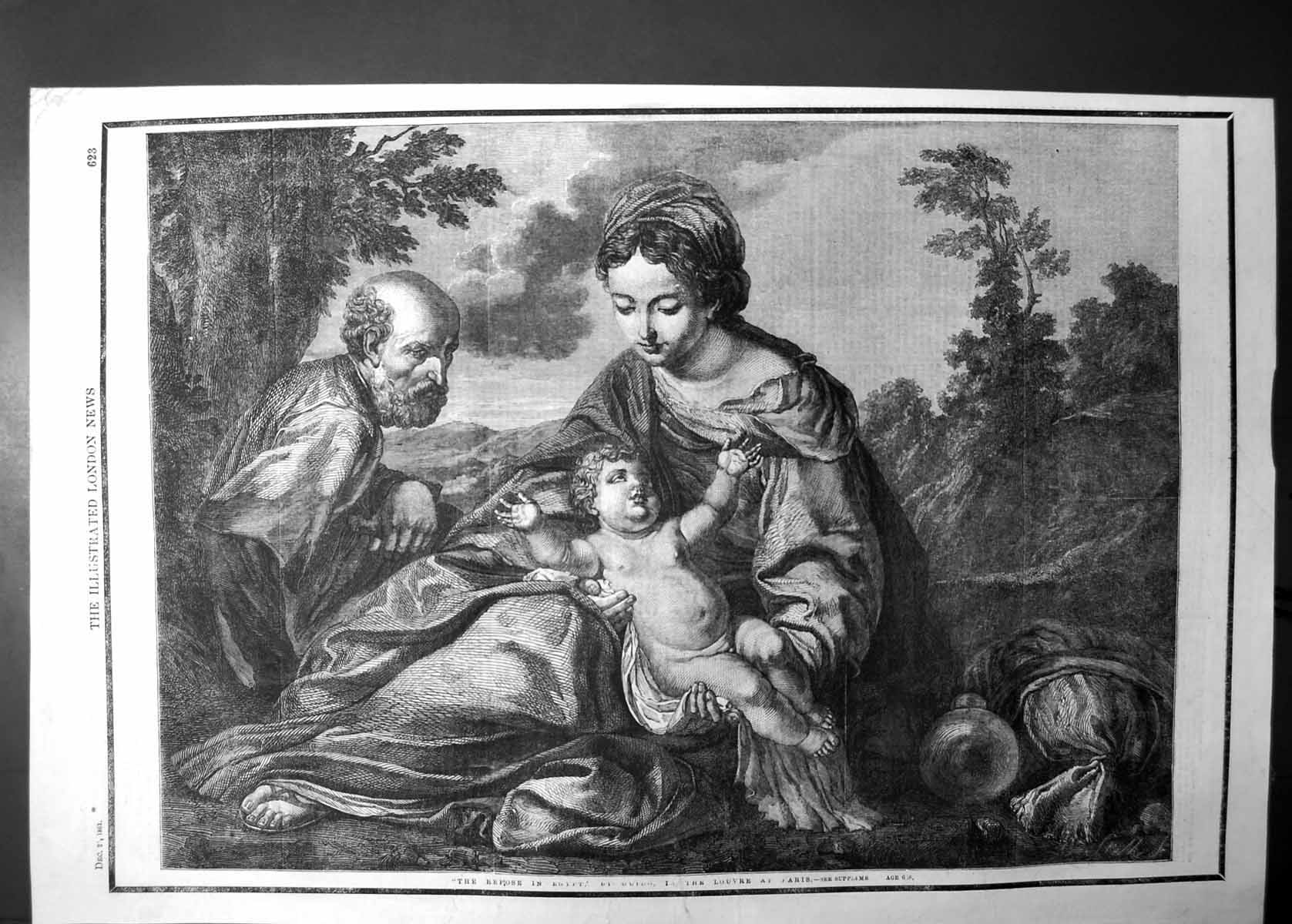 Original Old Antique Print Repose In Egypt In Louvre Paris 1861 19th