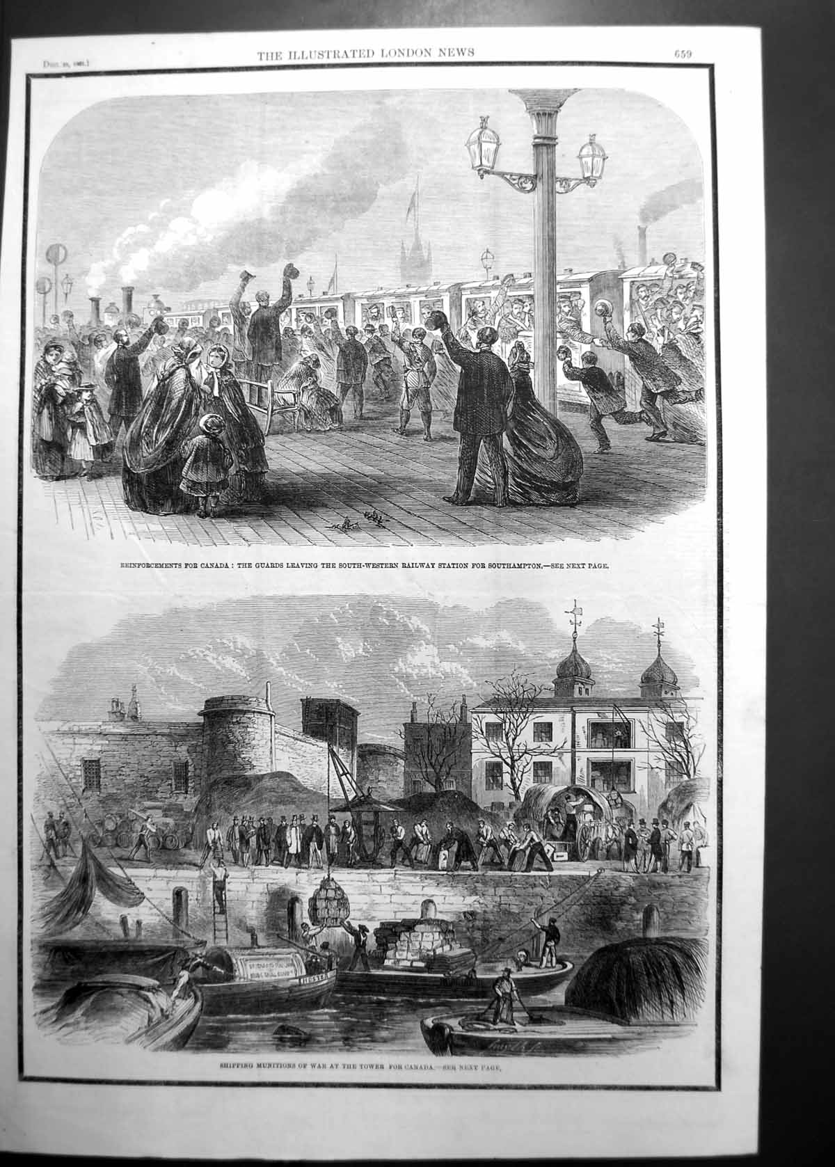 Antique Old Print Guards Shipping Munitions Leaving Southhampton Canada 1861