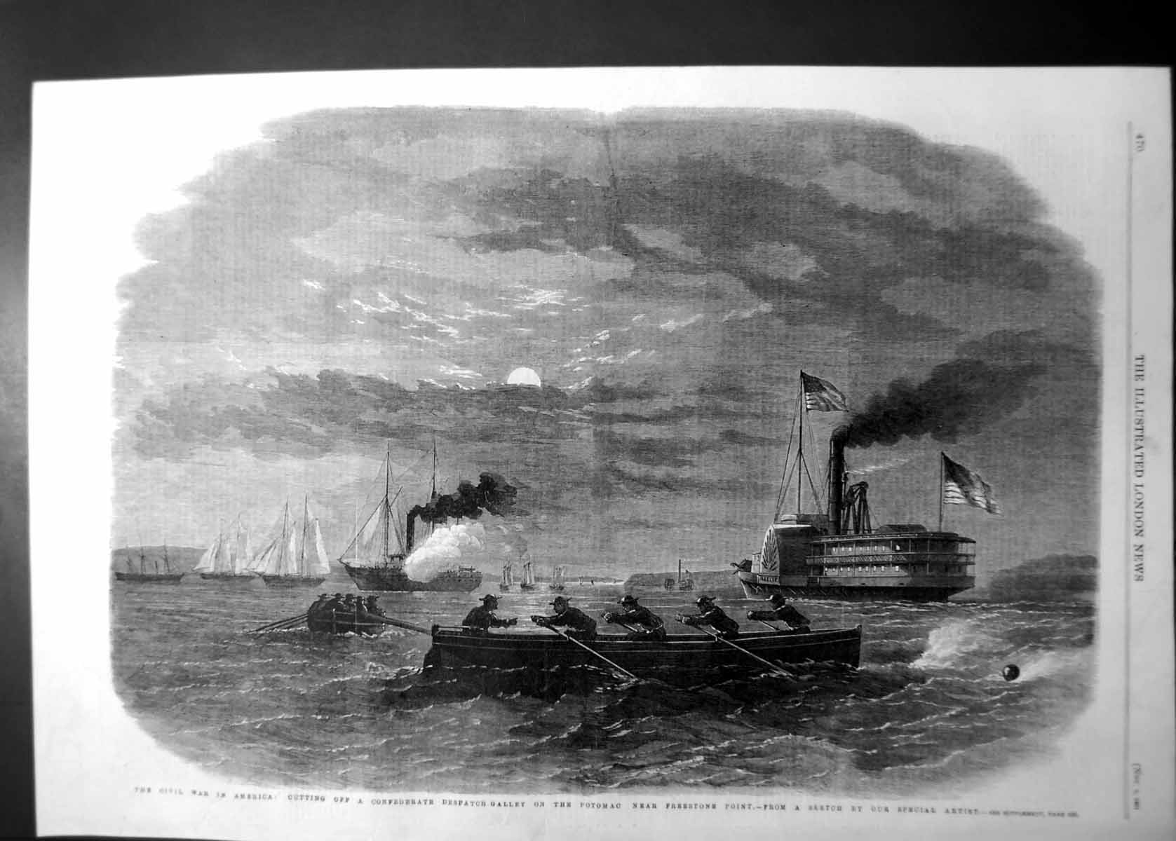 Original Old Antique Print Cutting F Civil War Despatch Galley Potomac 1861