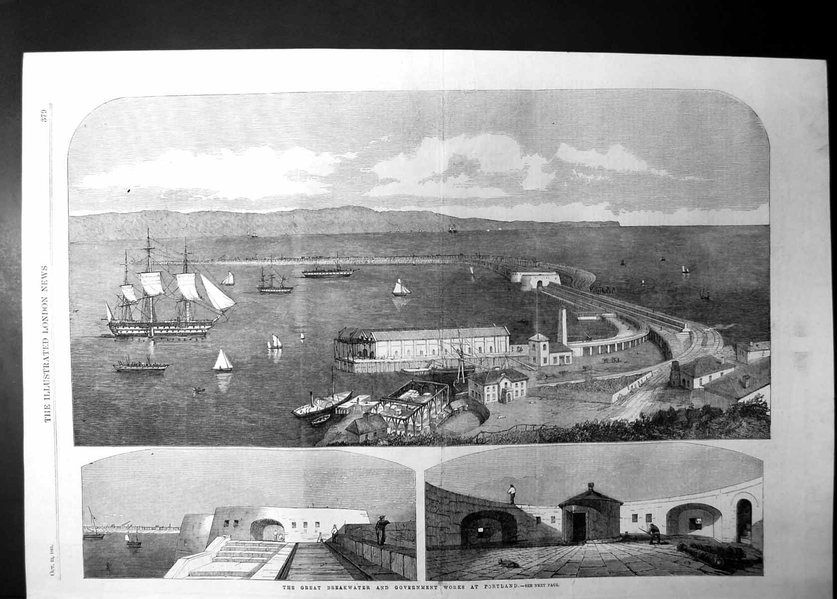 Original Old Antique Print Breakwater Government Works Portland 1861 Victorian