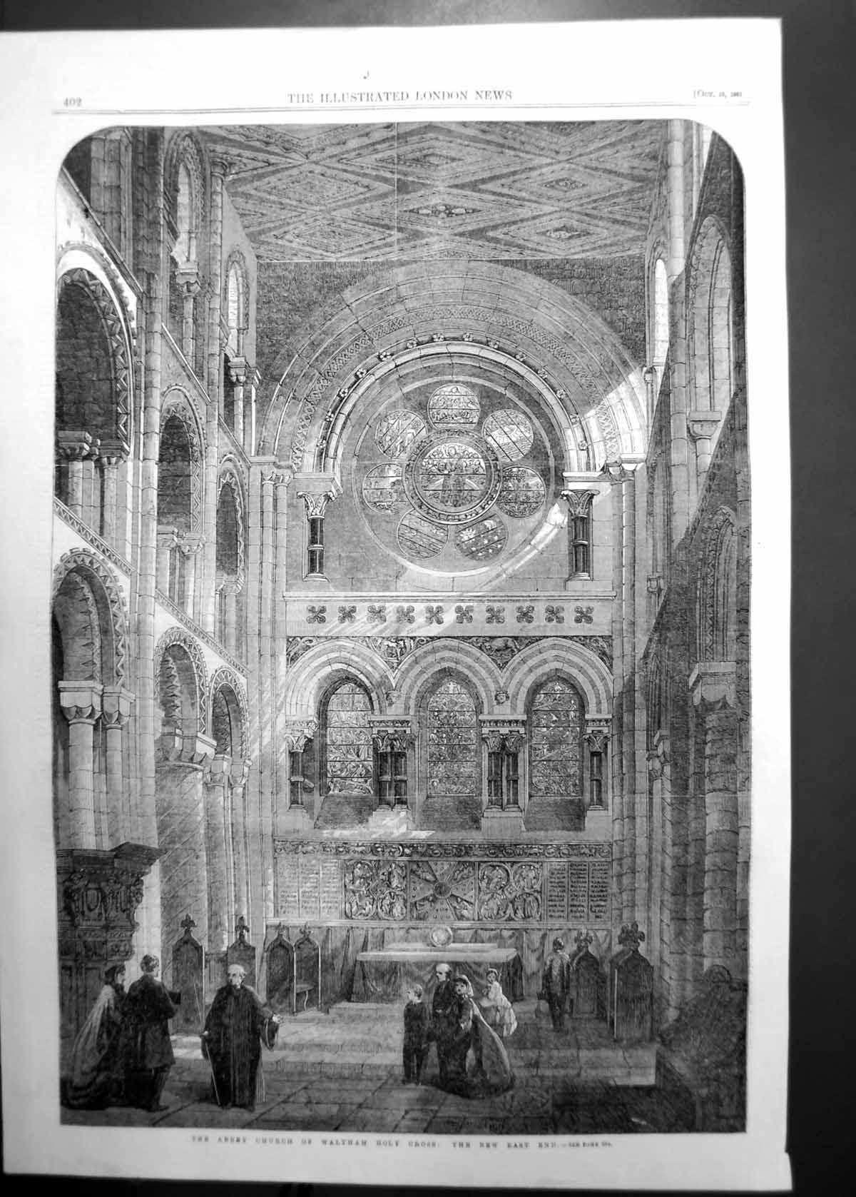 Original Old Antique Print East End Abbey Church Waltham Holy Cross 1861 19th