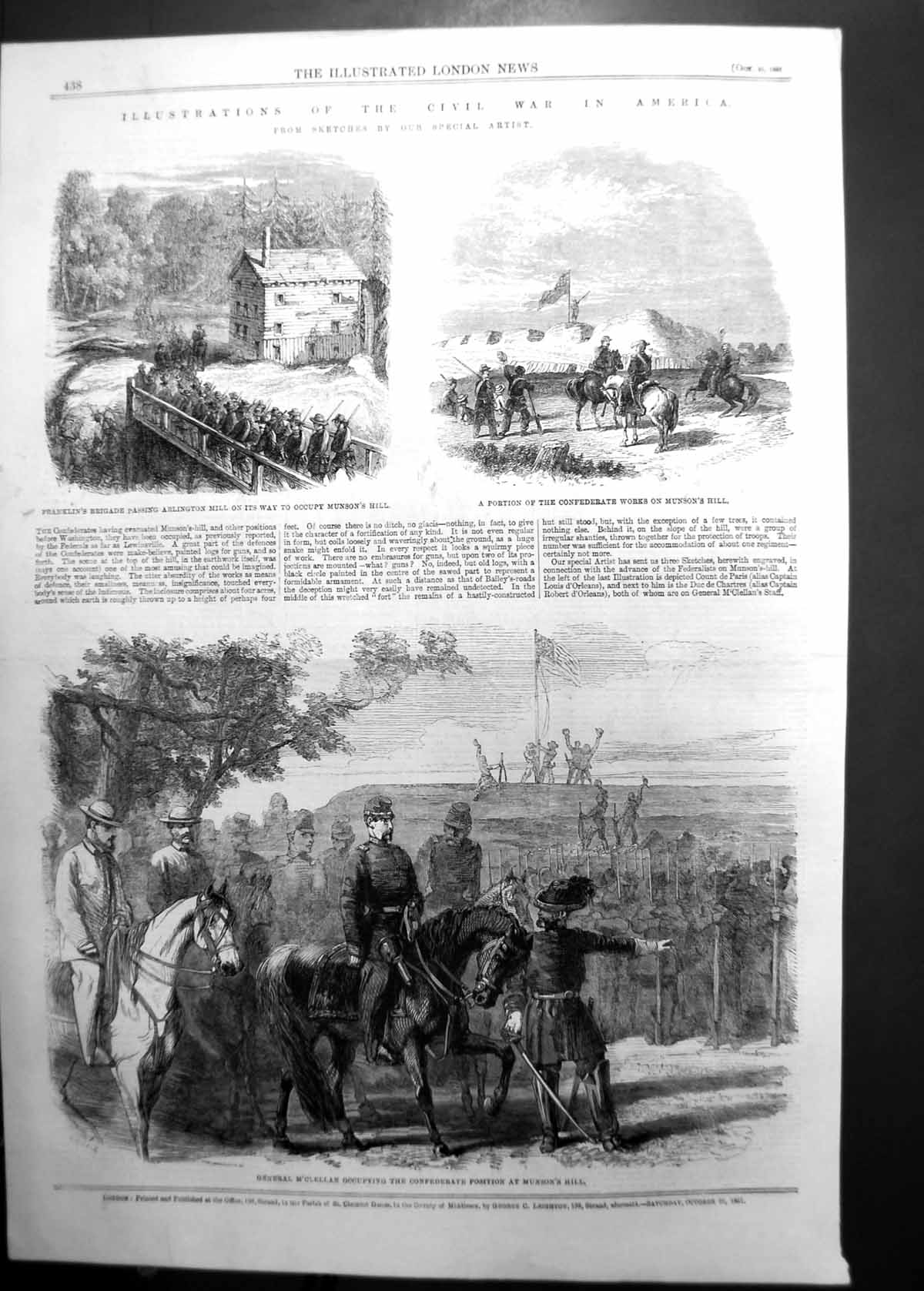 Original Old Antique Print Civil War America General Mclellan Munsons Hill 1861