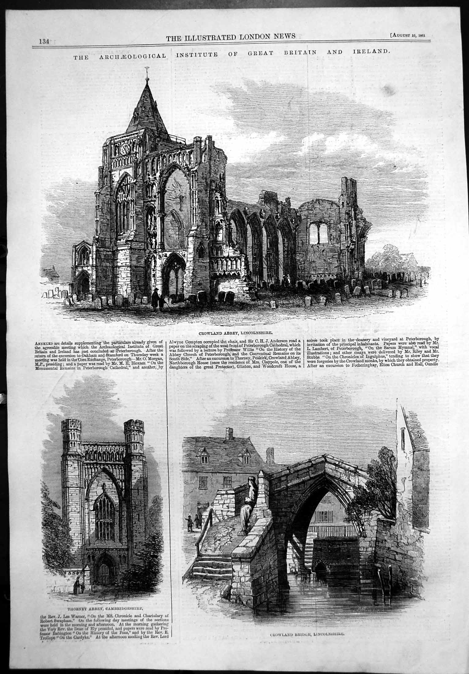 Antique Old Print Crowlandabbey Bridge Lincolnshire Thorneyabbeycambridge1861