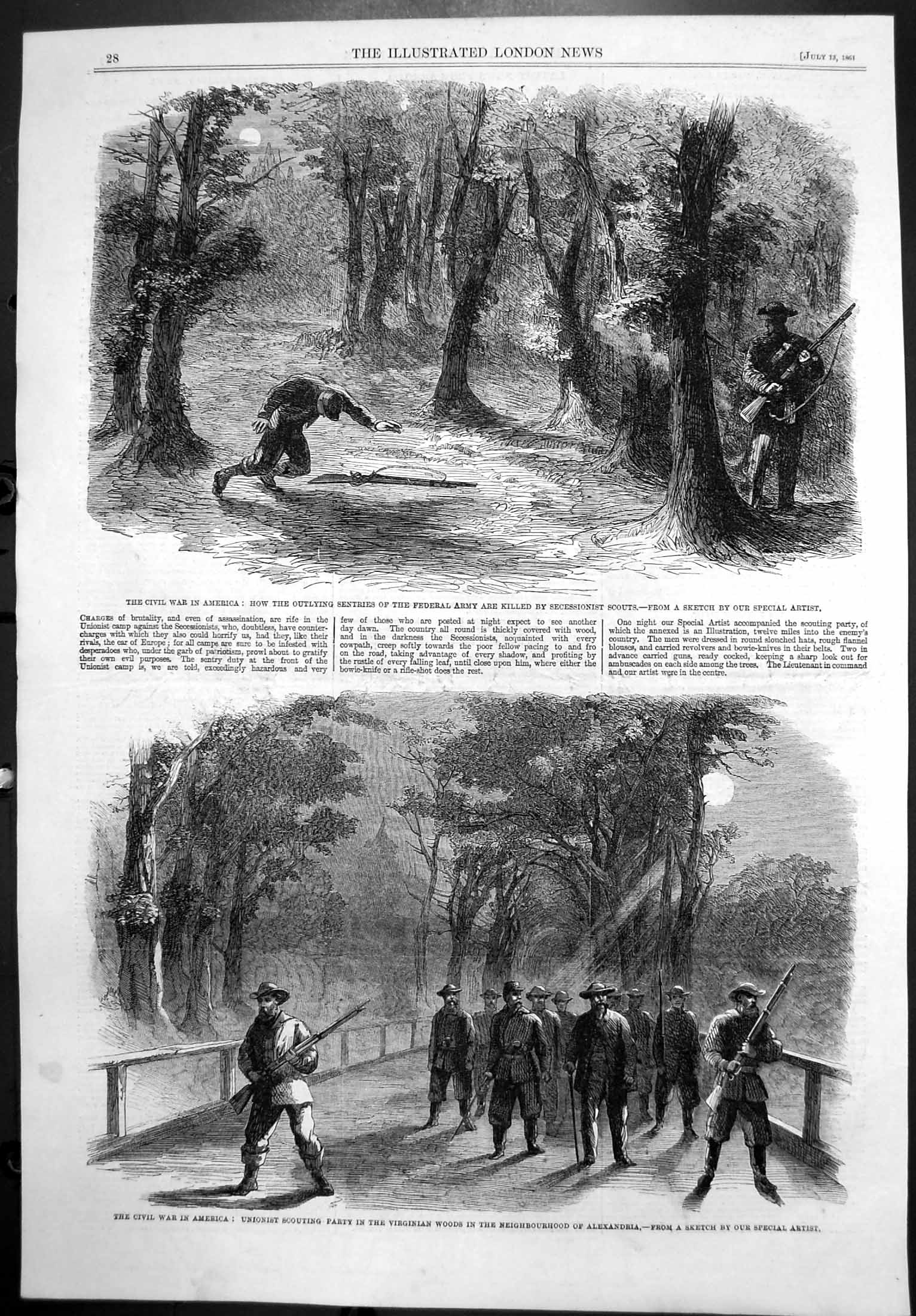 Antique Old Print Sentries Federal Army Killed Unionist Scouting Party 1861
