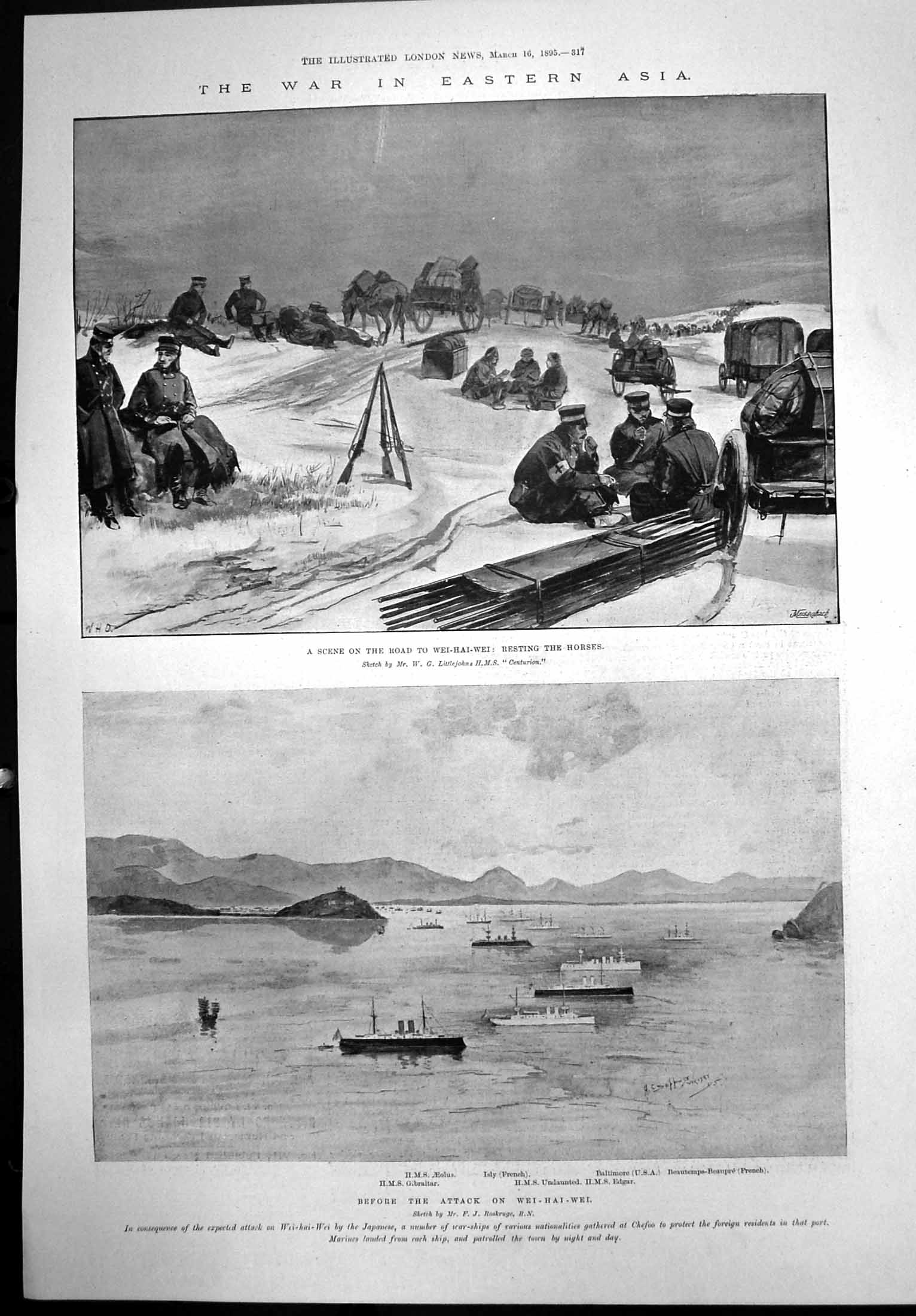 Old Antique Print War Eastern Asia Attack Wei-Hei-Wei Resting Horses 1895 19th