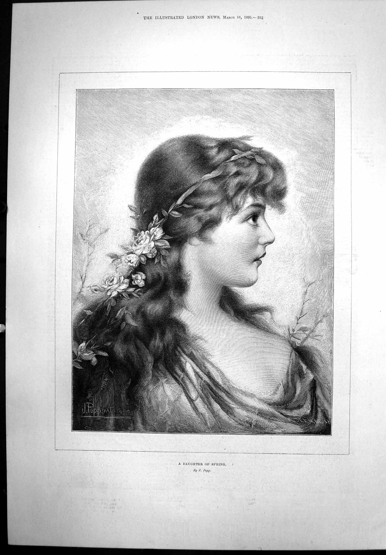 Old Antique Print Daughter Spring Portait Young Woman Flowers Hair 1895 19th