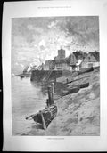 Old Antique Print Fishing Village Brittany G Montbard Church Harbour 1895 19th