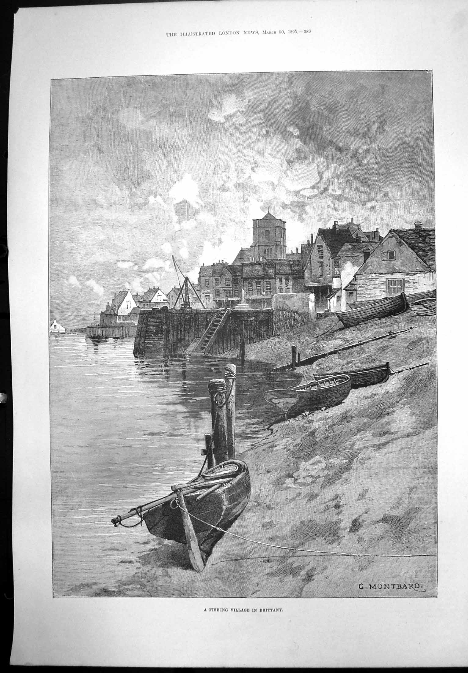 Old Antique Print Fishing Village Brittany G Montbard Church Harbour 1895 19th