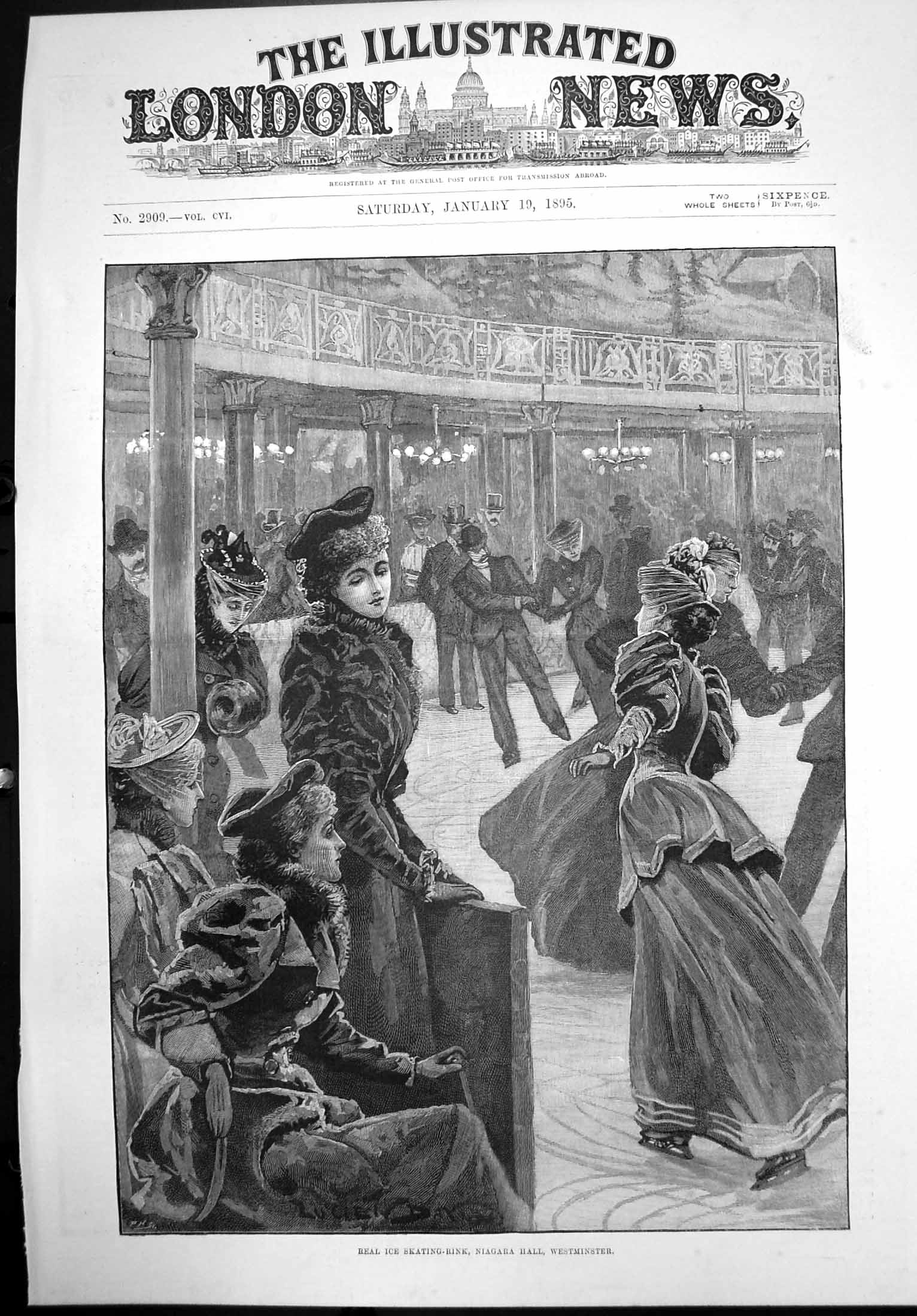Original Old Antique Print Real Ice Skating Rink Niagara Hall Westminster 1895