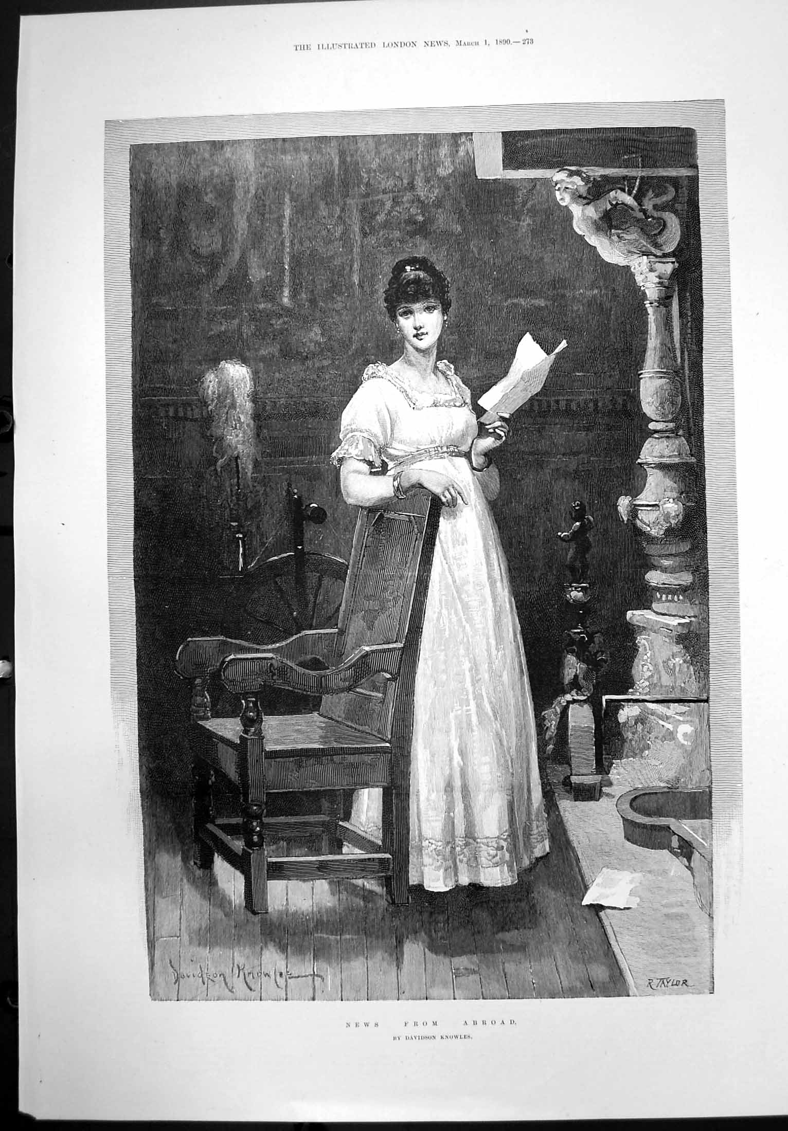 Antique Old Print News From Abroad Davidson Knowles Young Woman Letter 1890