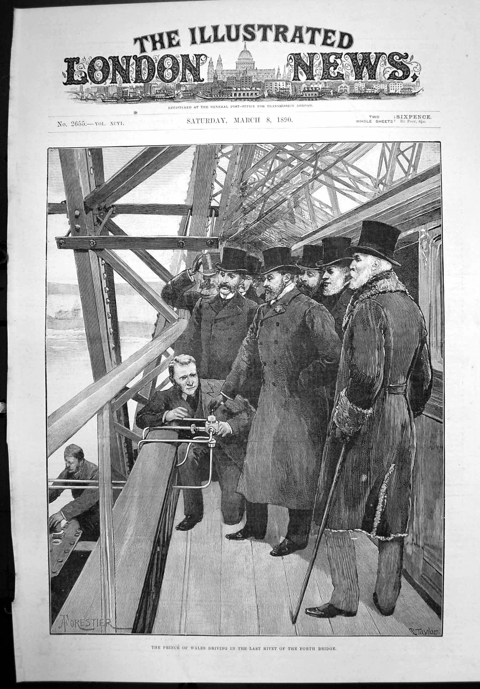 Original Old Antique Print Prince Wales Driving Last Rivet Forth Bridge 1890