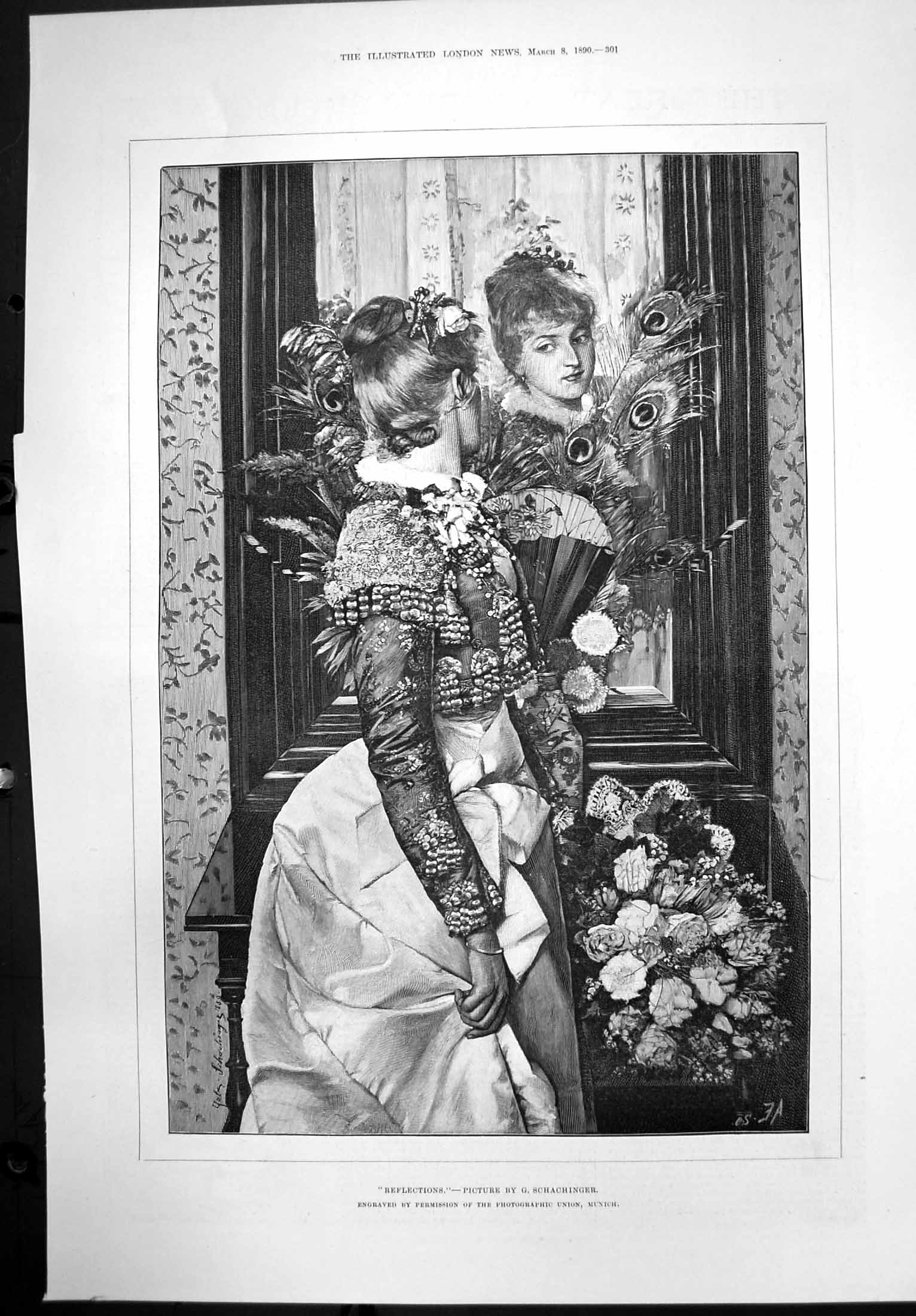 Antique Old Print Reflections G Schachinger Young Woman Mirror Feathers 1890
