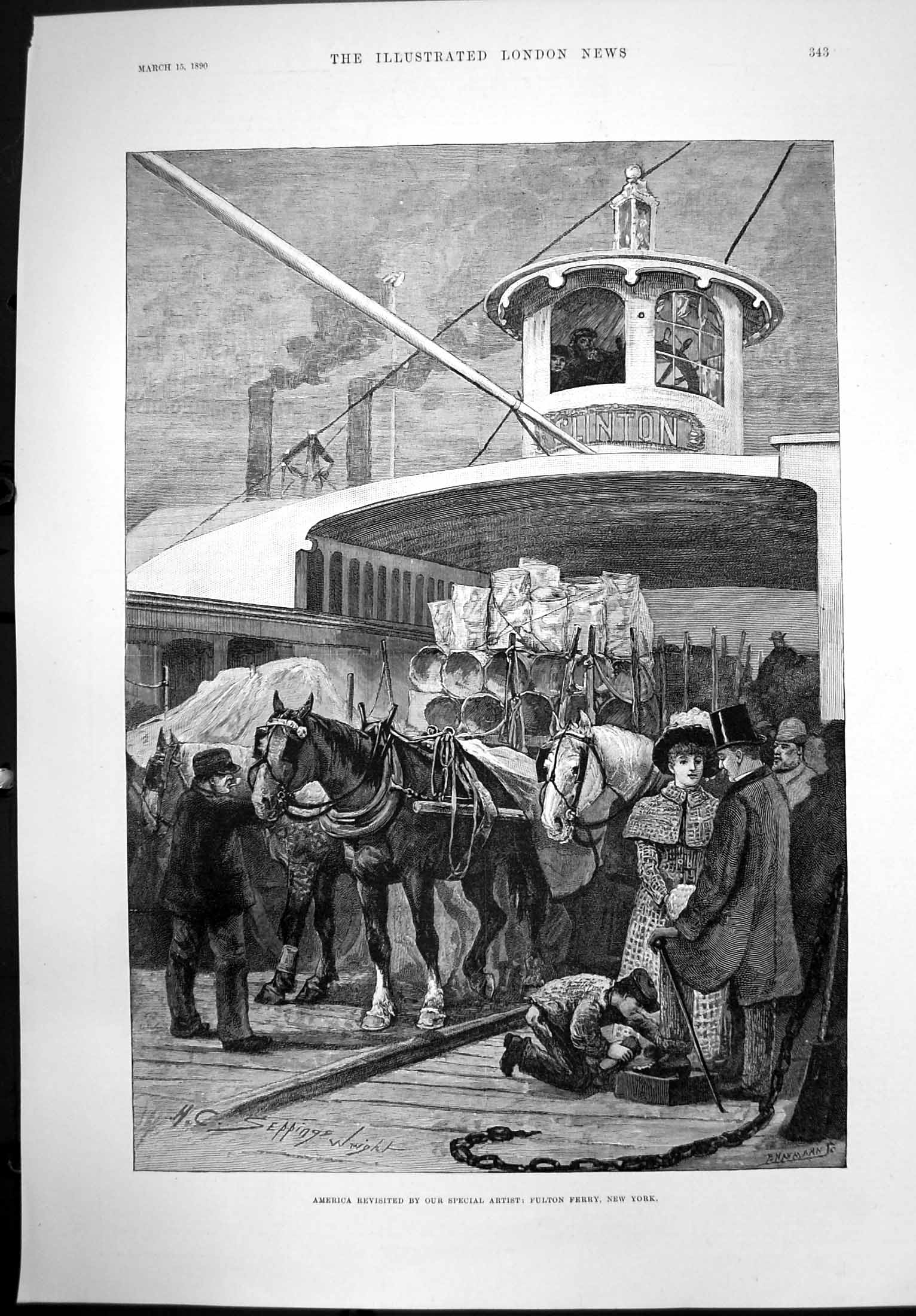 Antique Old Print America Fulton Ferry Boy Polishing Gents Shoes Horses 1890
