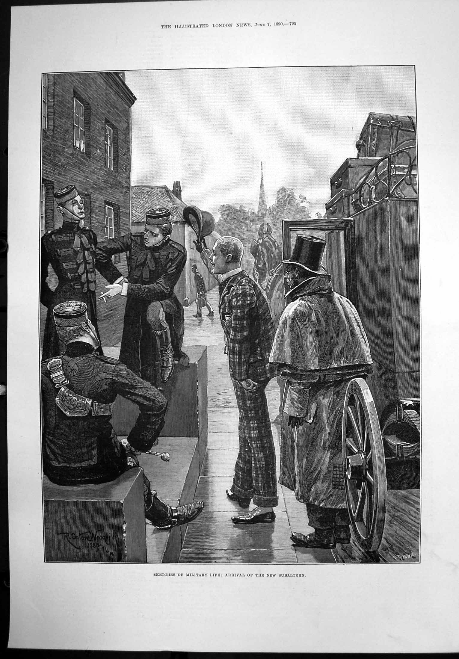 Antique Old Print Sketches Military Life Arrival New Subaltern Onlookers 1890