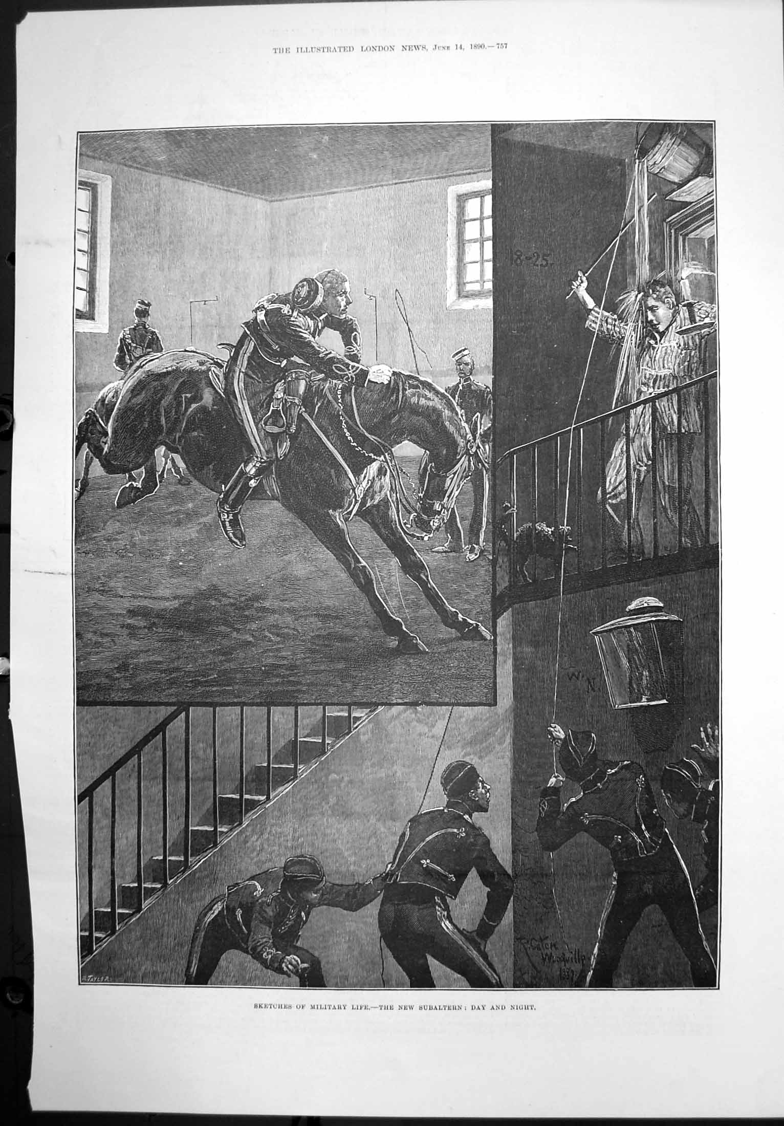 Original Old Antique Print Sketches Military Life New Subaltern Day Night 1890