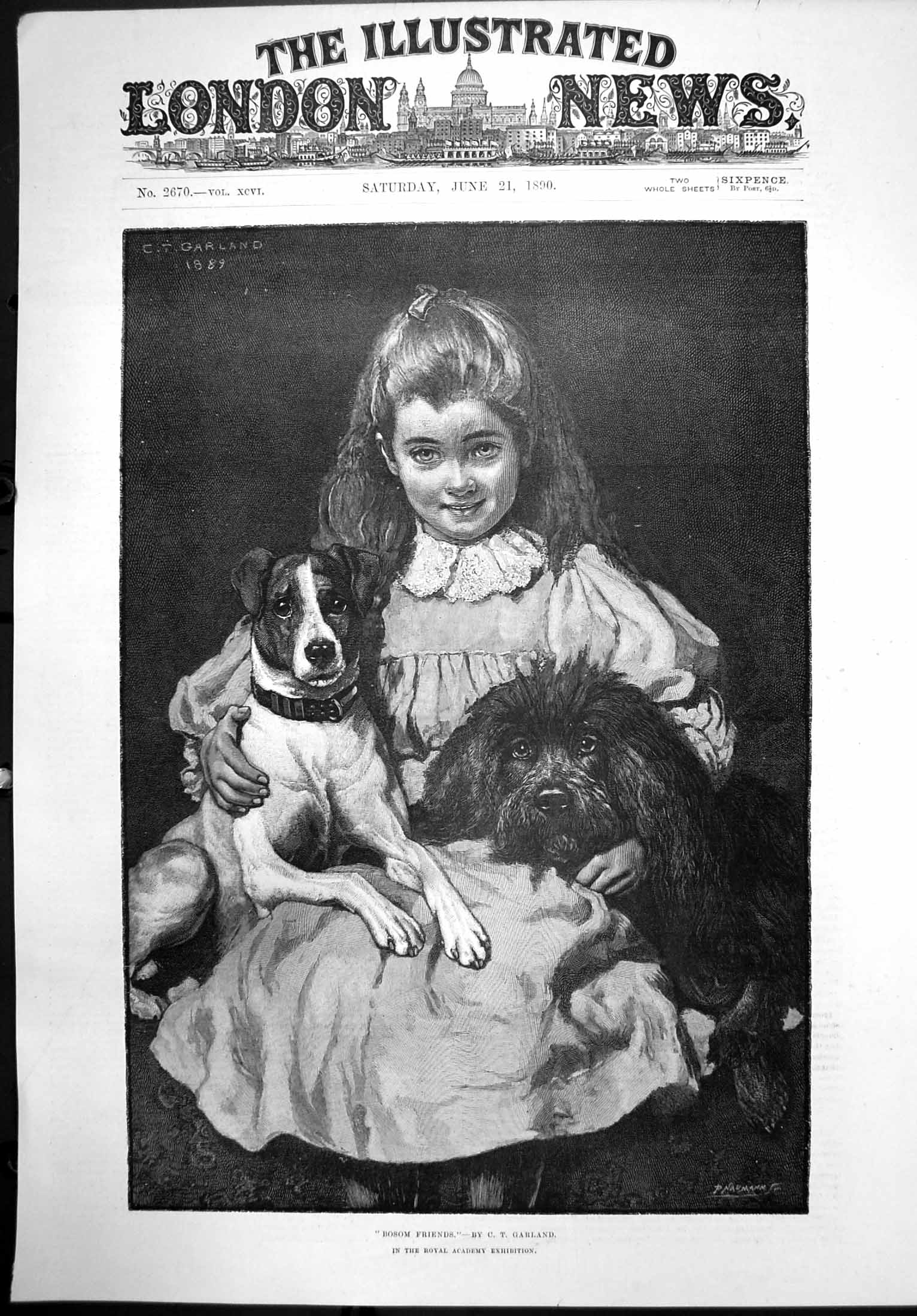 Original Old Antique Print Bosom Friends Ct Garland Girl Two Dogs In Arms 1890