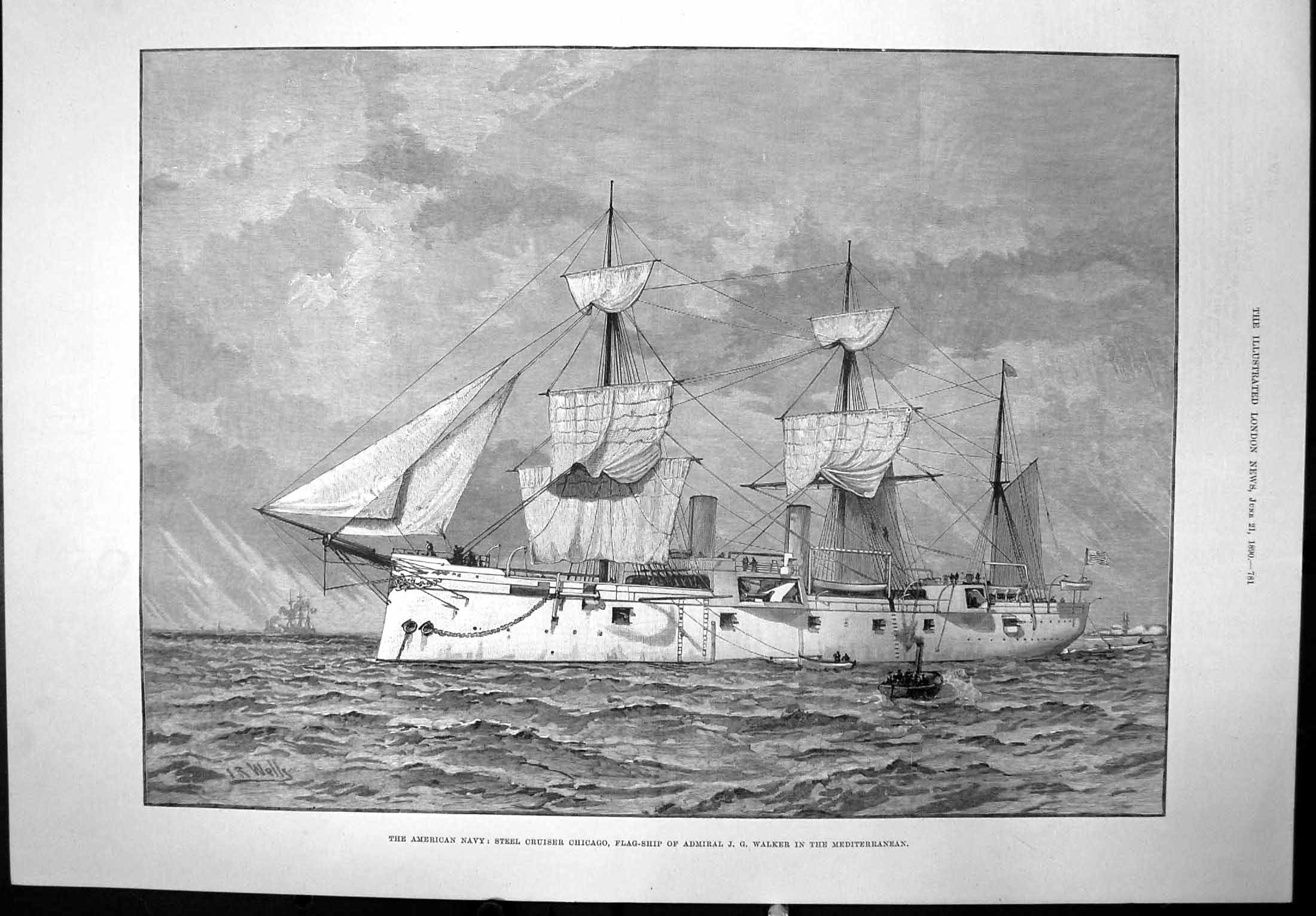 Antique Print Cruiser Chicago Flagship Admiral Jg Walker Mediterranean 1890