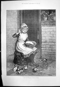 Antique Old Print Ducks Green Peas Miss E Mitchell Girl Feeding Ducks 1890 19th