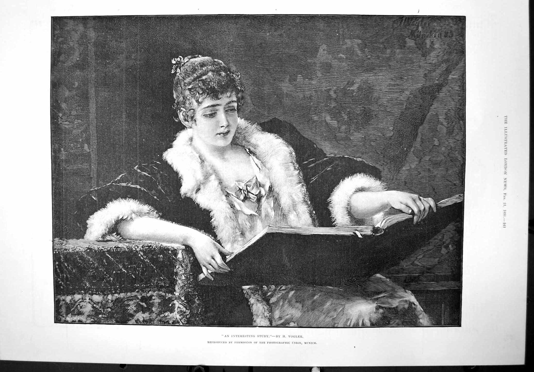 Old Antique Print Interesting Study H Vogler Lady Reading Large Book 1891 19th