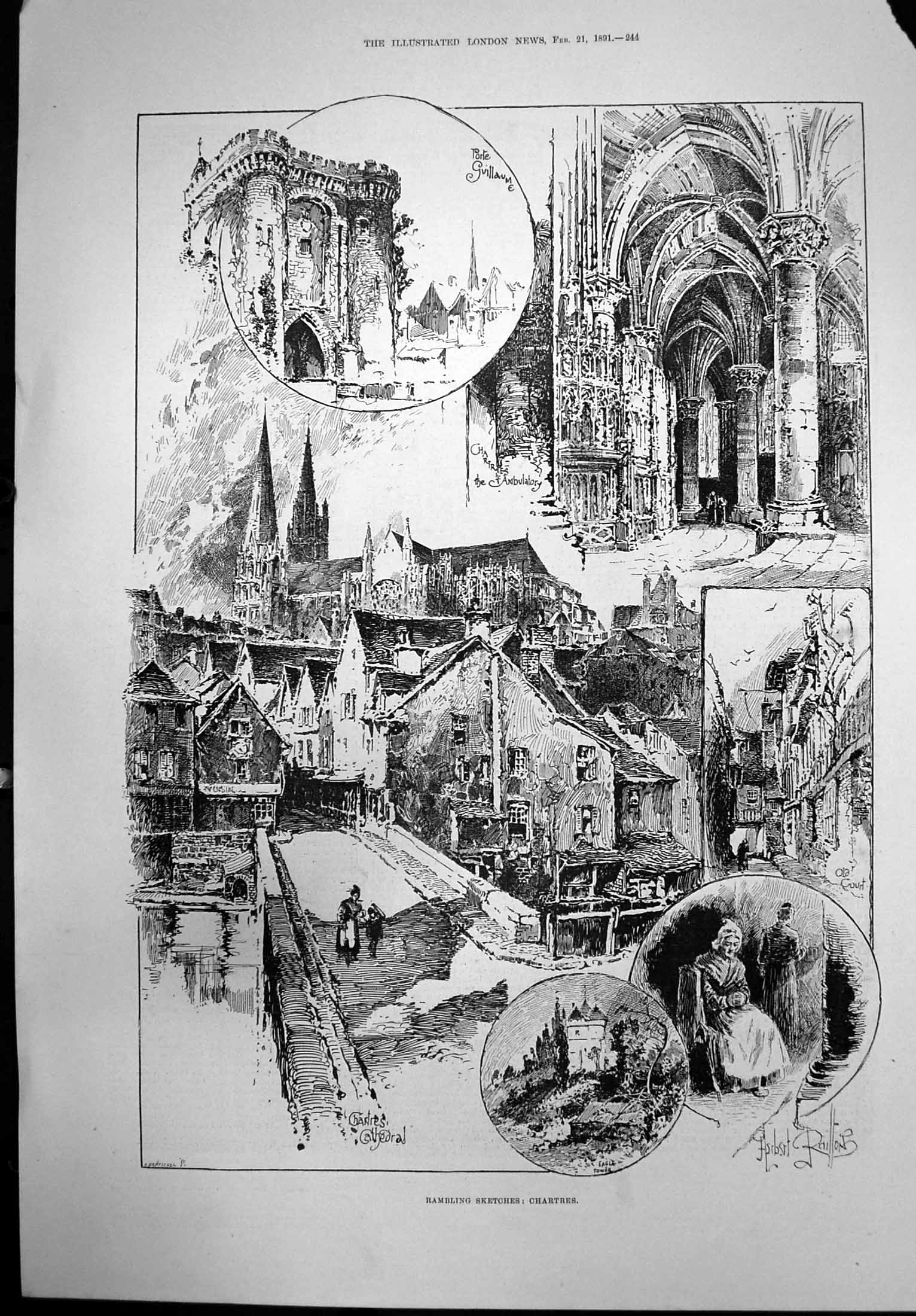 Antique Old Print Rambling Sketches Chartres Cathedral Forte Guillaume 1891