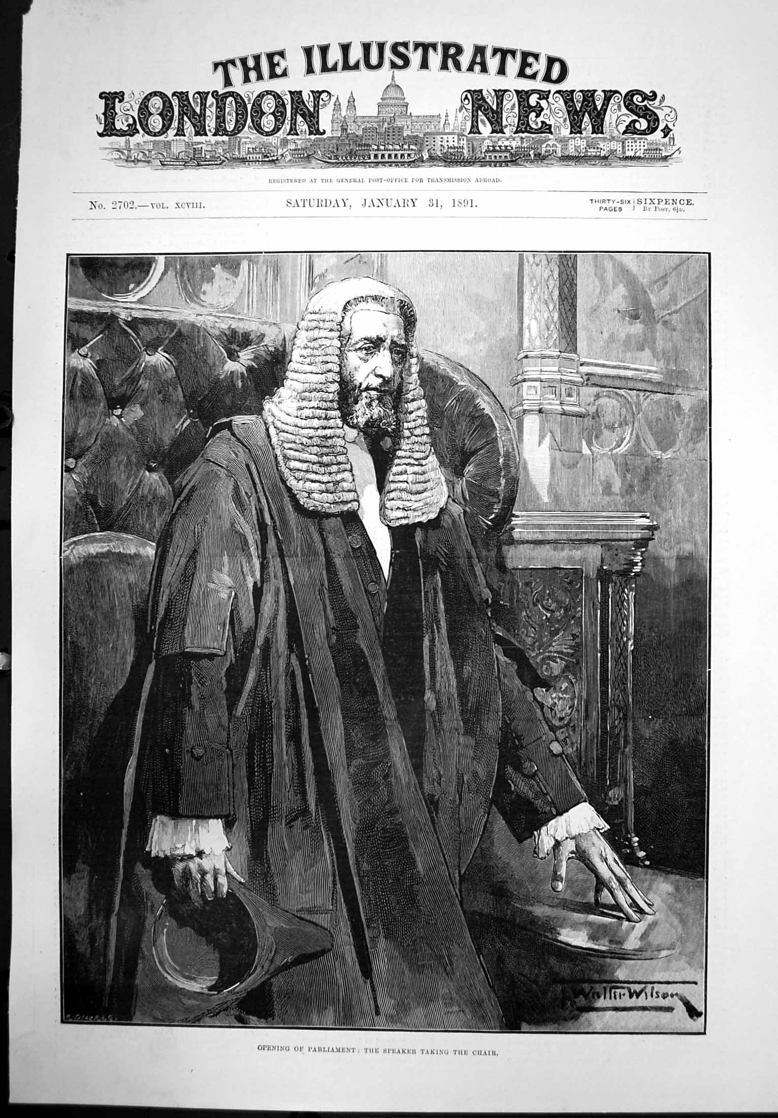 Antique Old Print Opening Parliament Speaker Taking Chair Walter Wilson 1891