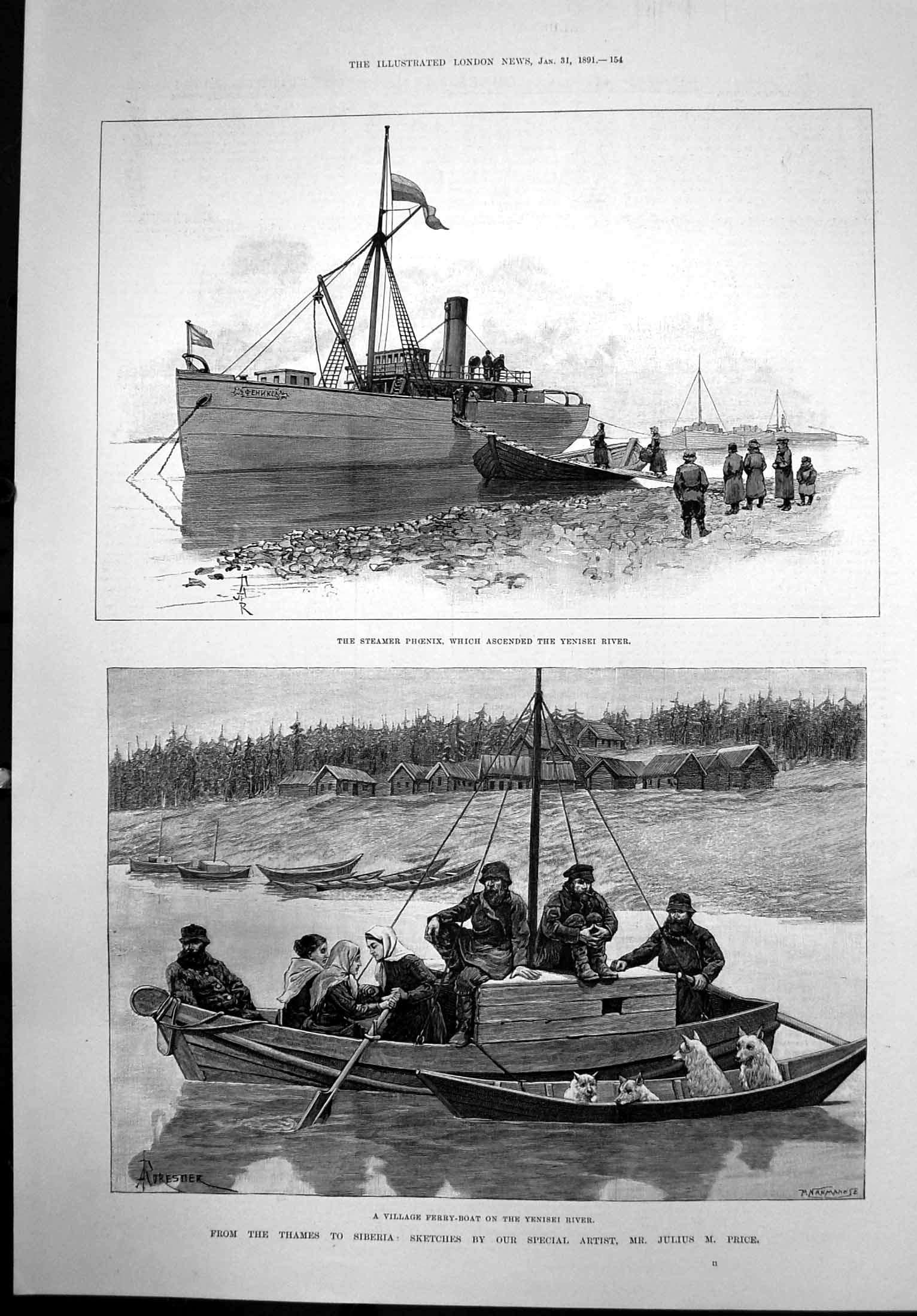 Antique Print Thames Siberia Yenisei River Steamer Phoenix Ferry Boat 1891 19th