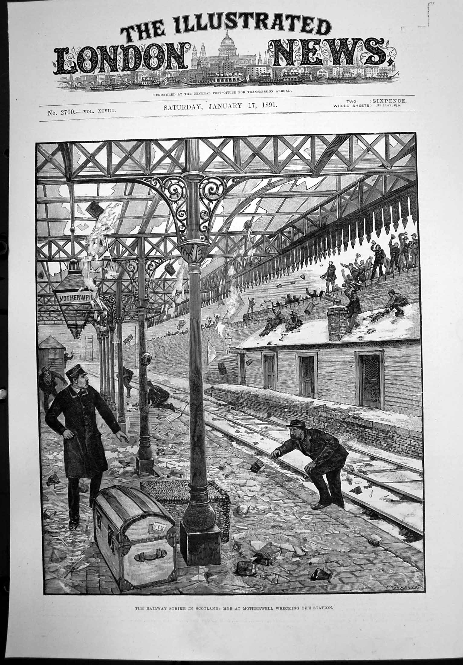 Antique Print Railway Strike Scotland Mob Motherwell Wrecking Station 1891 19th