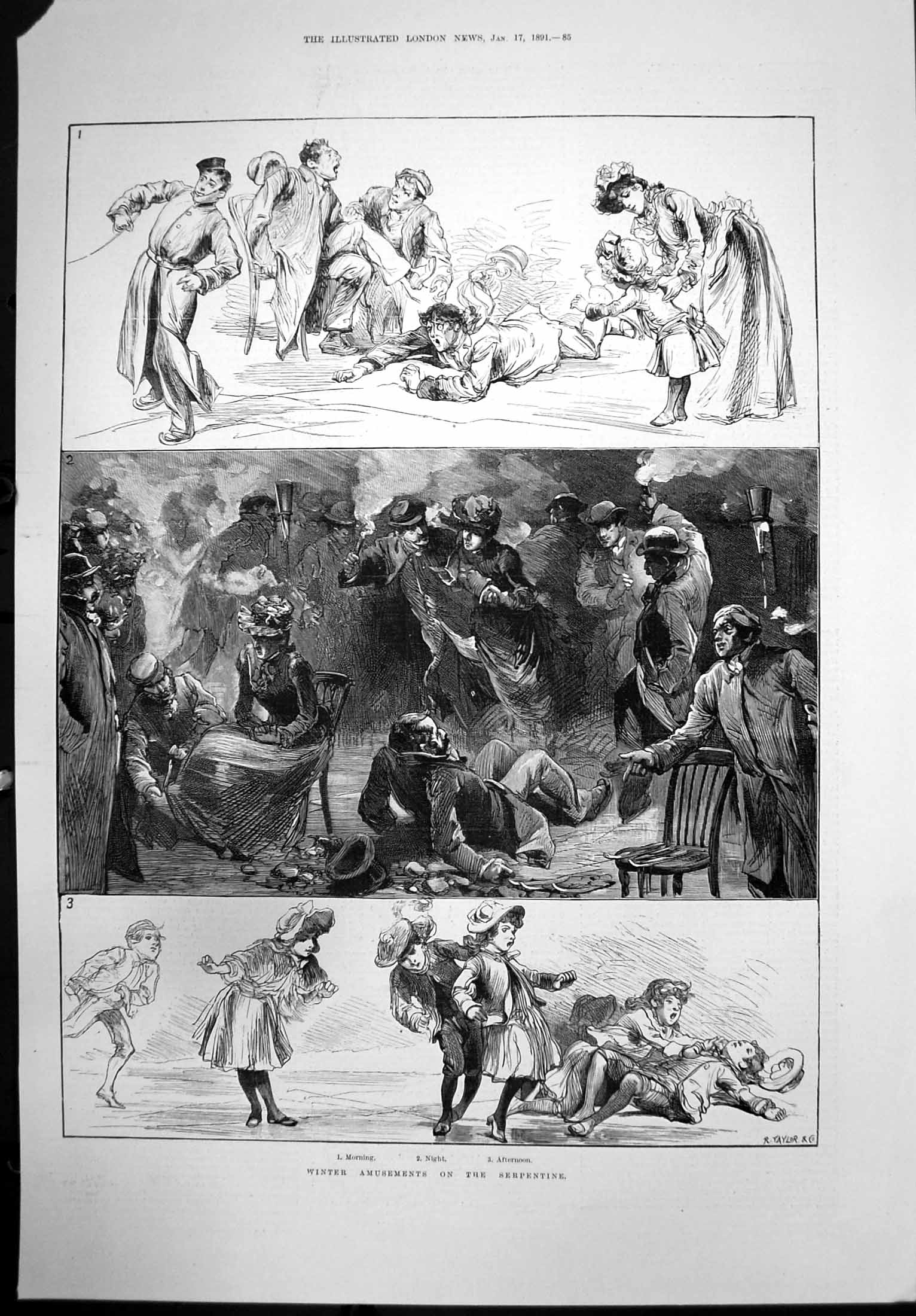 Original Old Antique Print Winter Amusements Serpentine Falling Over Ice 1891